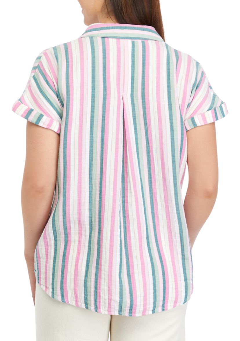 Womens Short Sleeve Stripe Camp Top