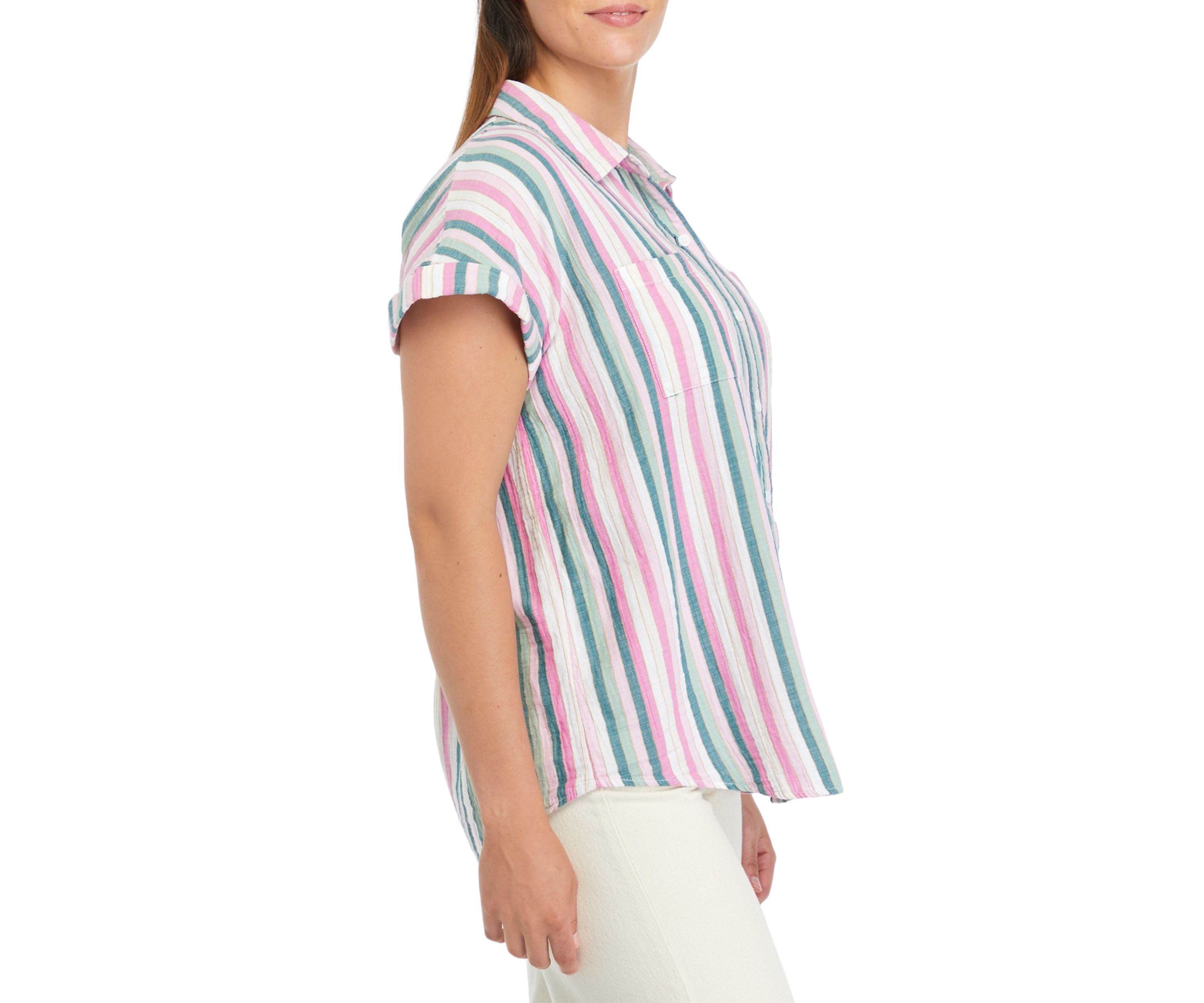 Womens Short Sleeve Stripe Camp Top