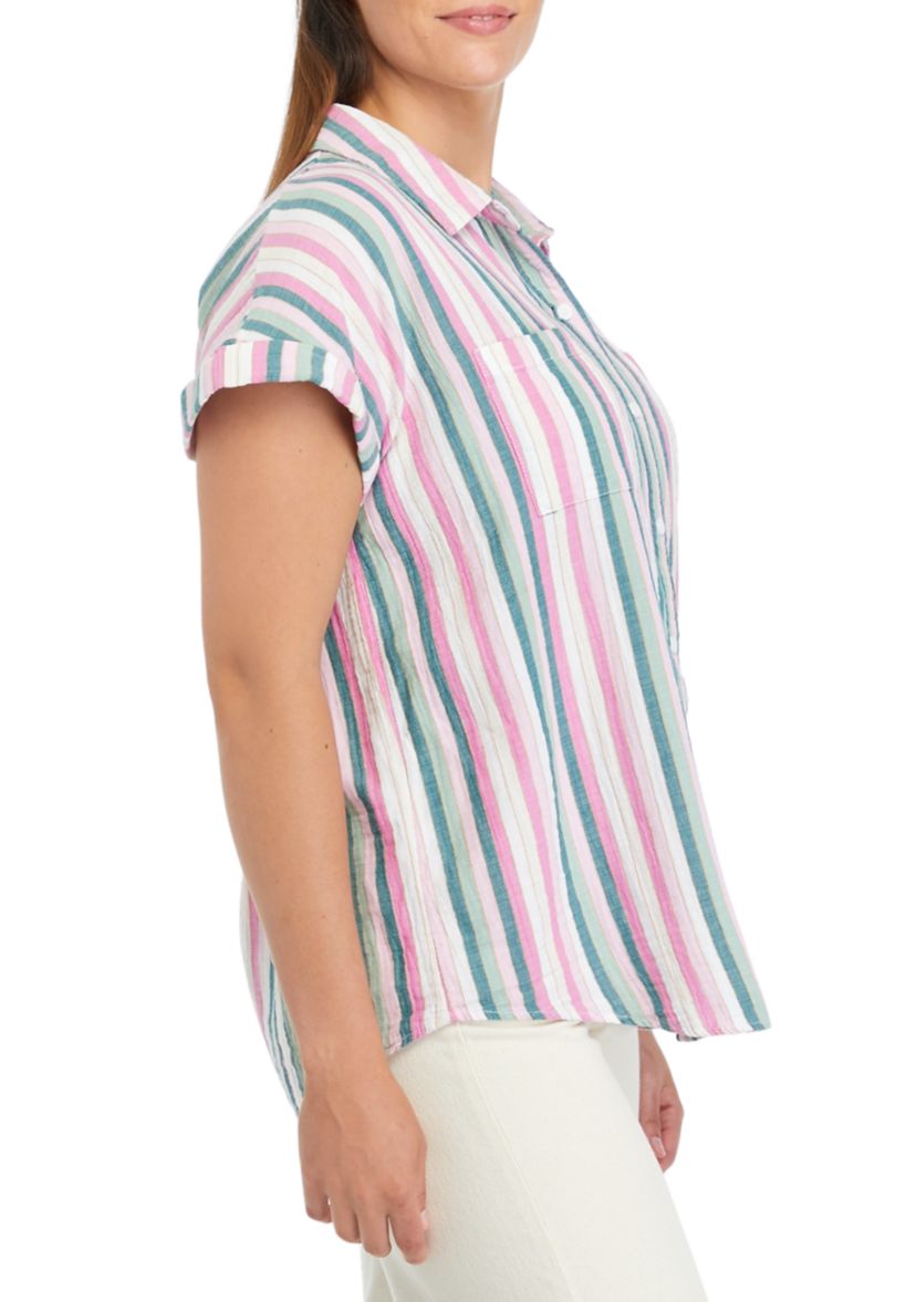 Womens Short Sleeve Stripe Camp Top