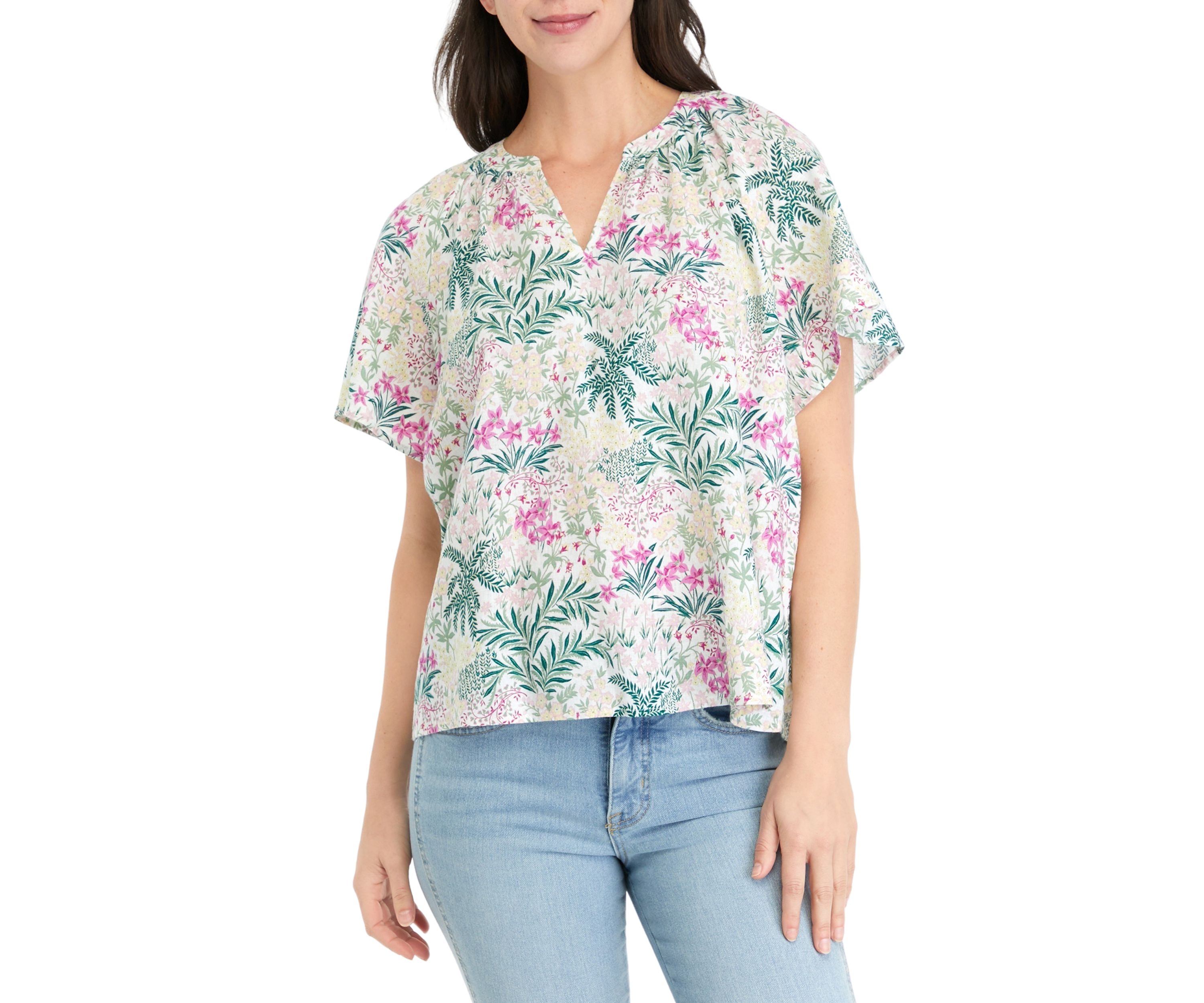 Womens Shirred Split Neck Printed Top