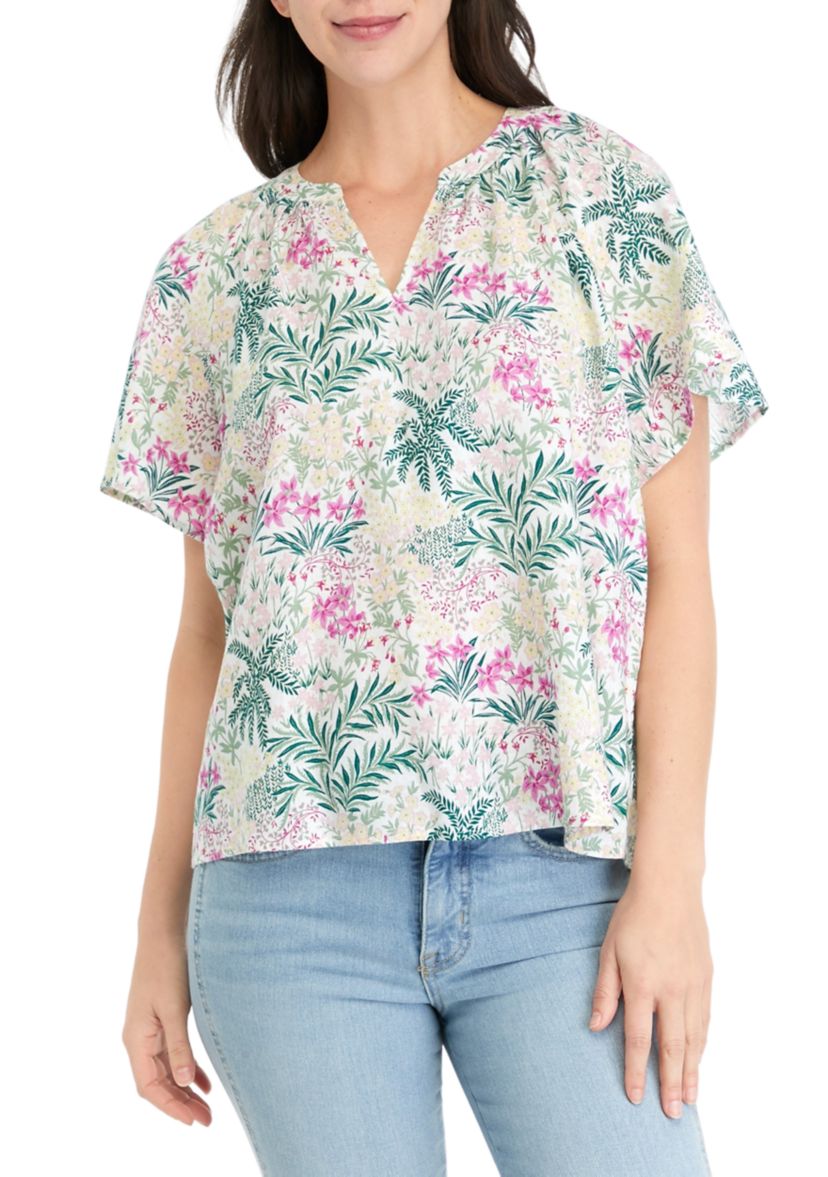 Womens Shirred Split Neck Printed Top