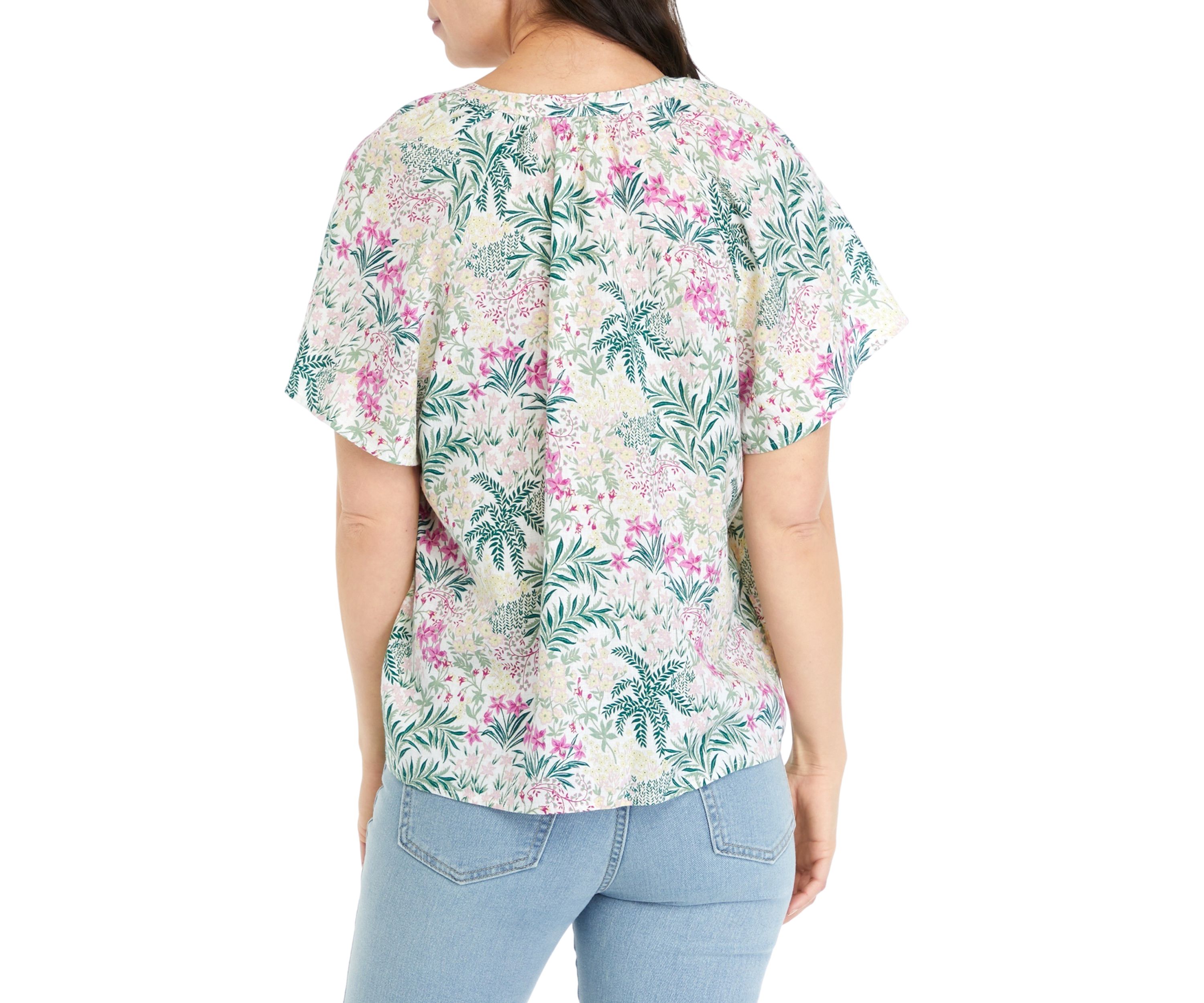 Womens Shirred Split Neck Printed Top