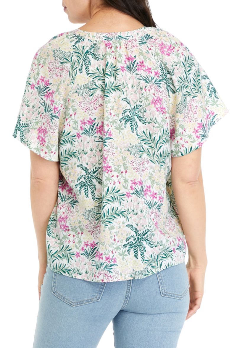Womens Shirred Split Neck Printed Top