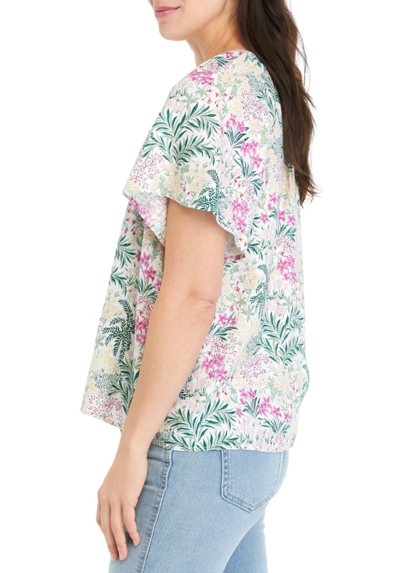 Womens Shirred Split Neck Printed Top