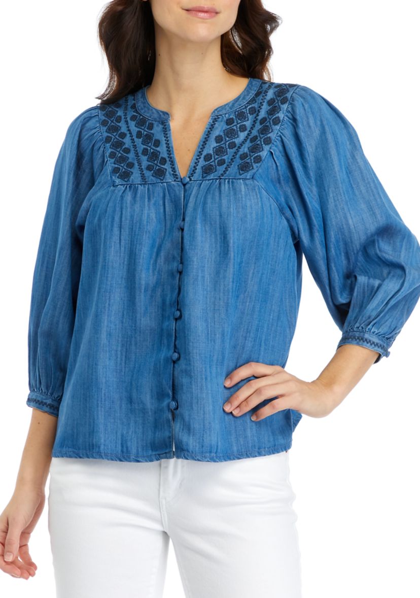 Womens Embroidered Button Down Top