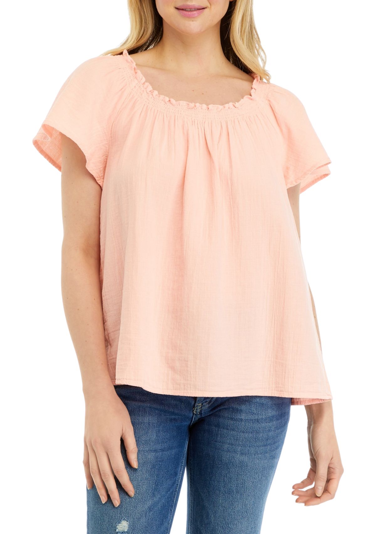 Womens Short Sleeve Shirred Neck Top