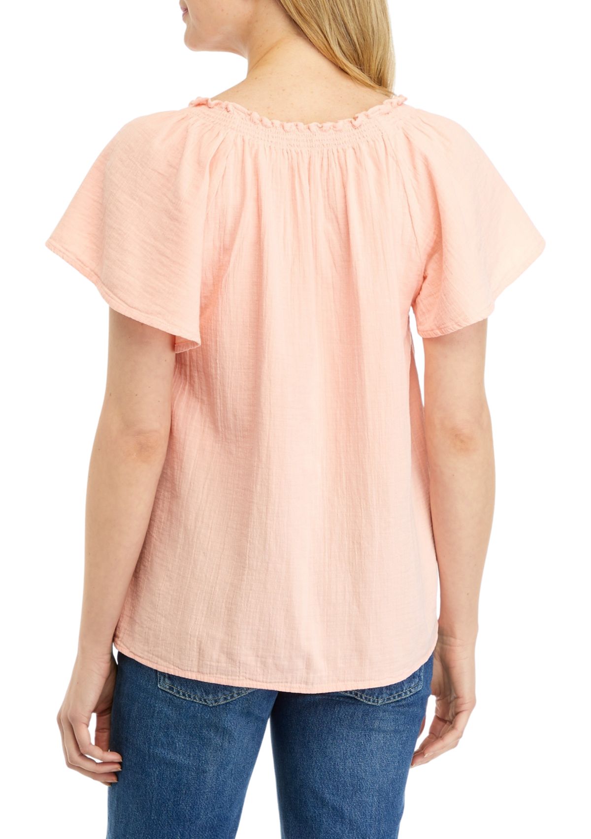 Womens Short Sleeve Shirred Neck Top