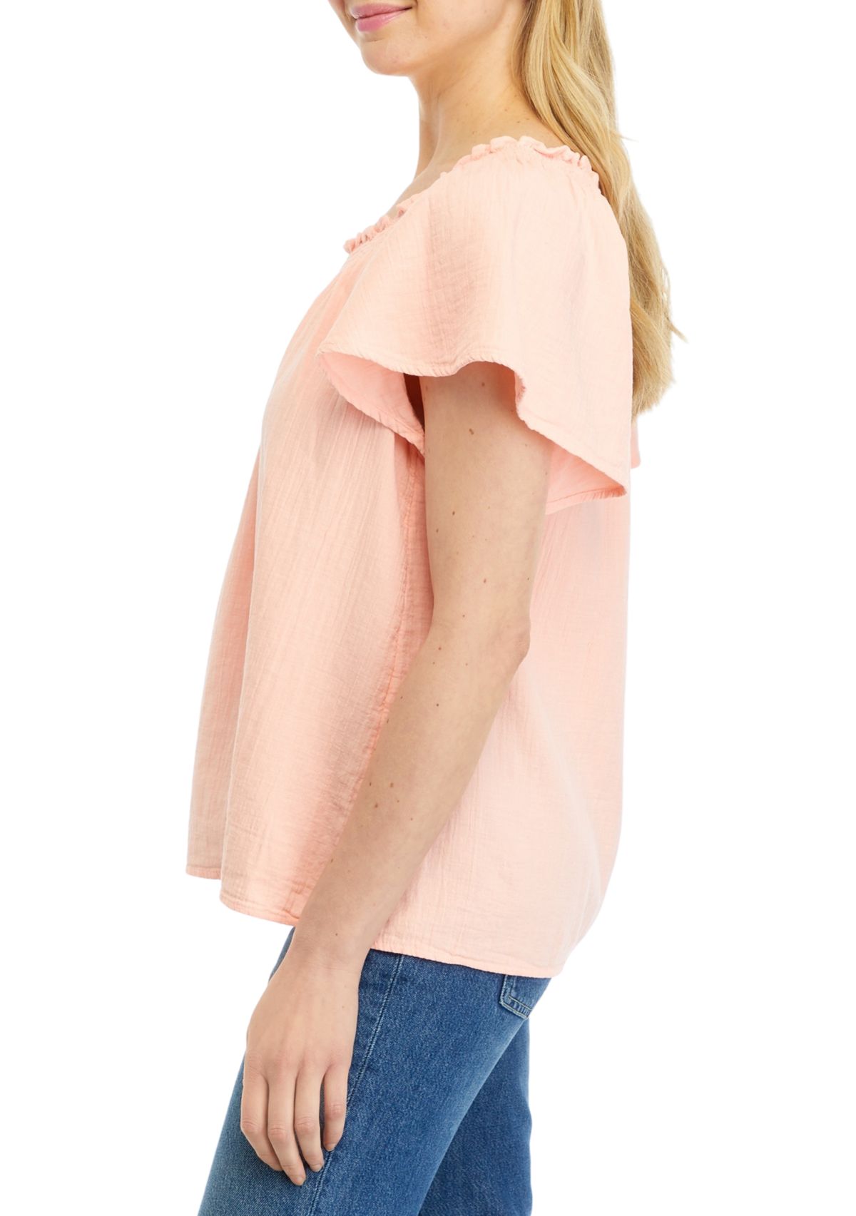 Womens Short Sleeve Shirred Neck Top