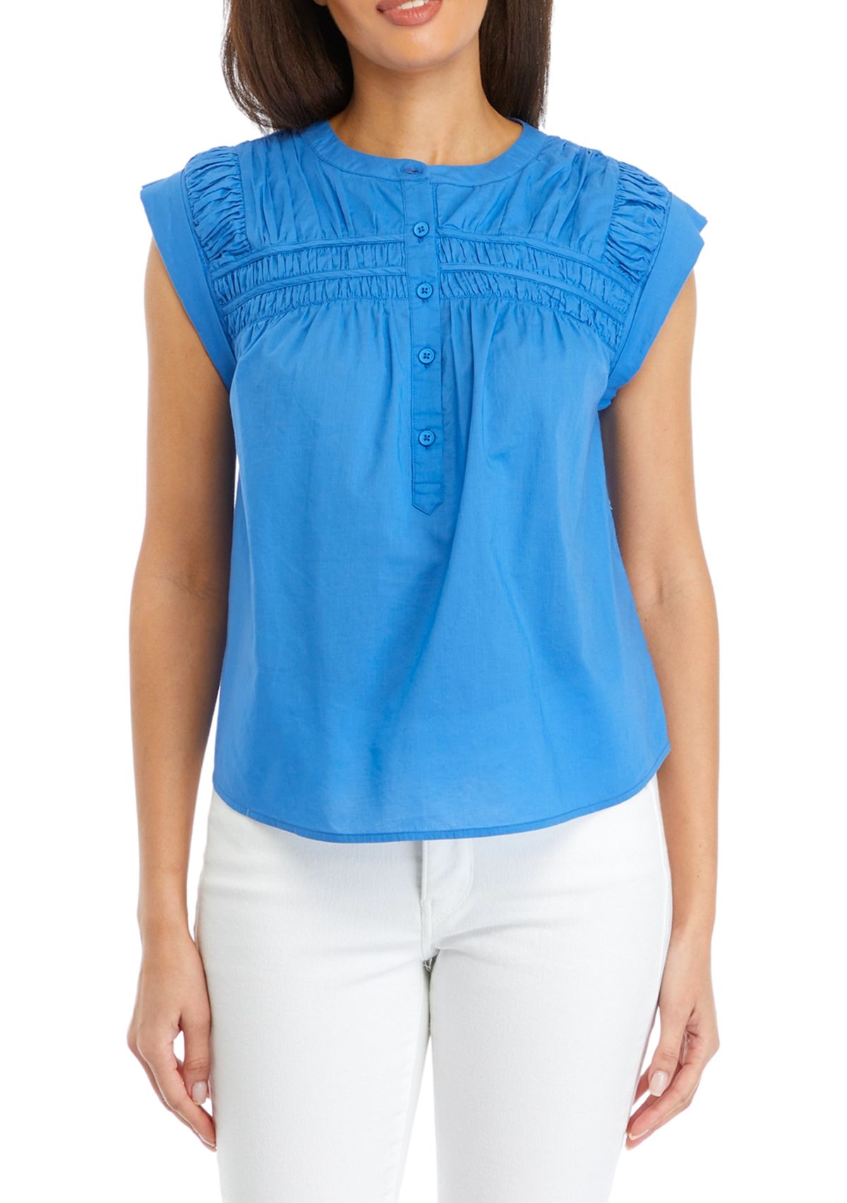 Womens Cap Sleeve Pintuck Yoke Top