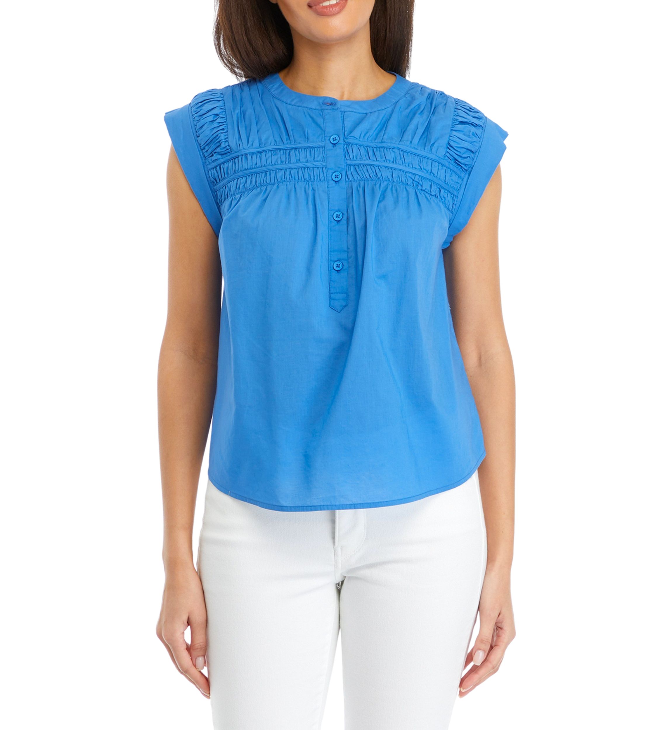 Womens Cap Sleeve Pintuck Yoke Top