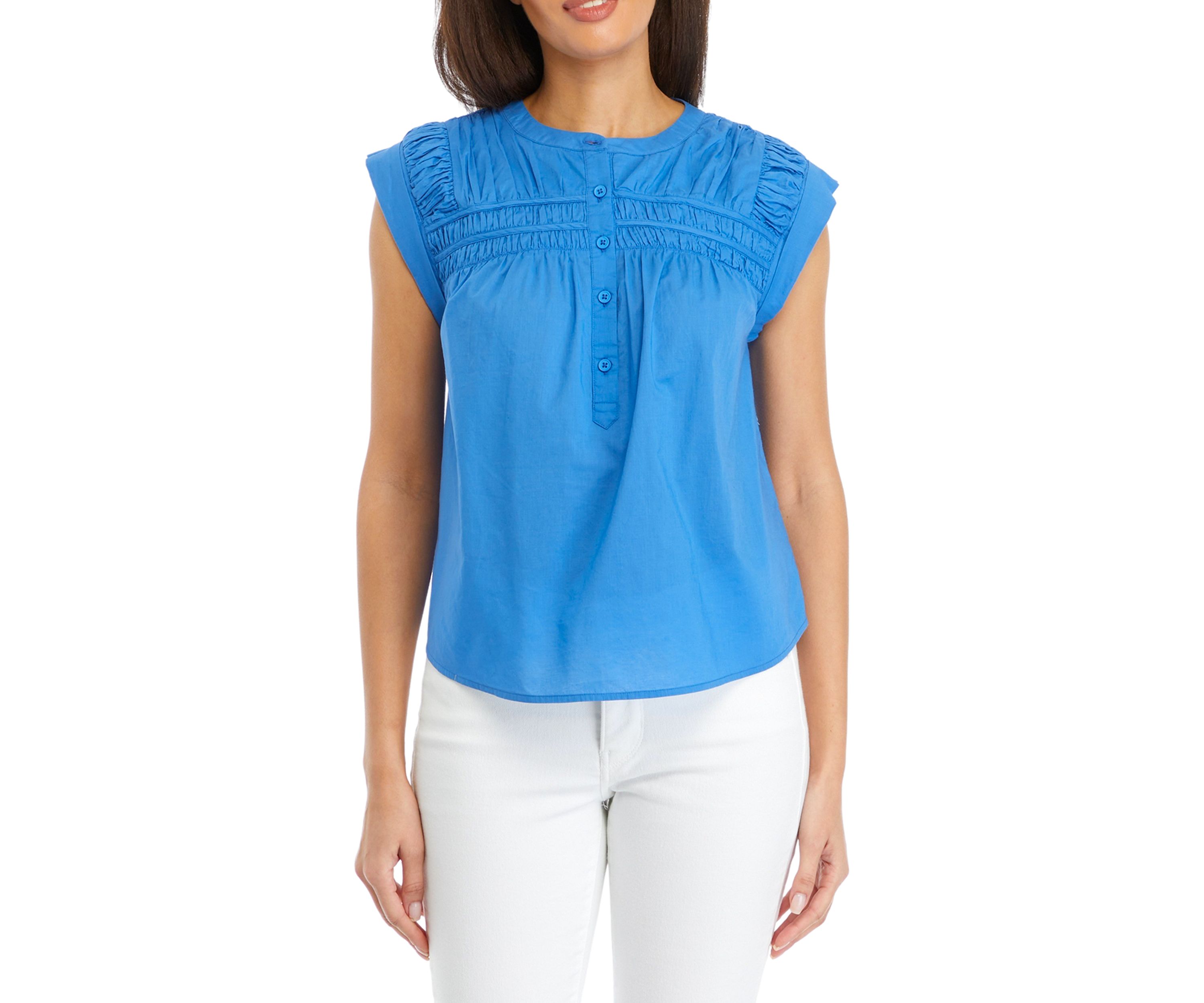 Womens Cap Sleeve Pintuck Yoke Top