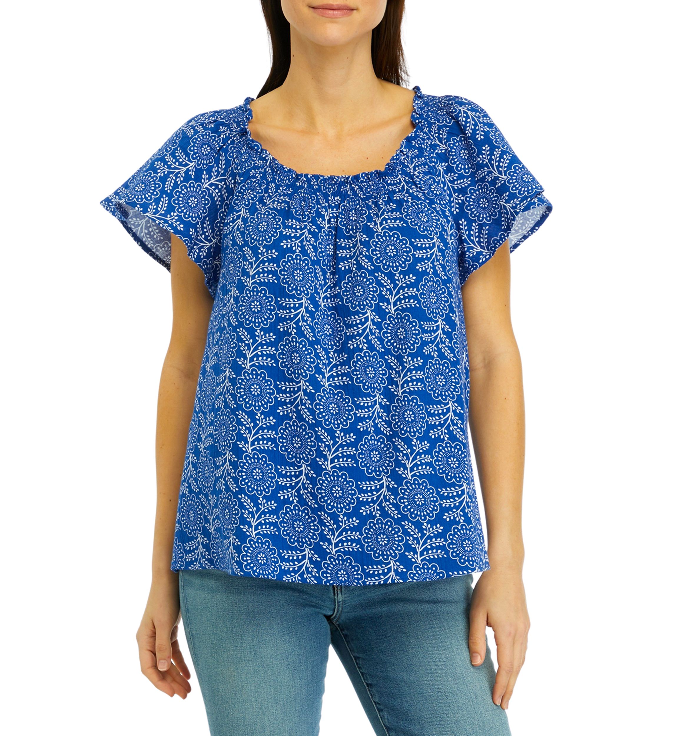 Womens Short Sleeve Shirred Neck Printed Top