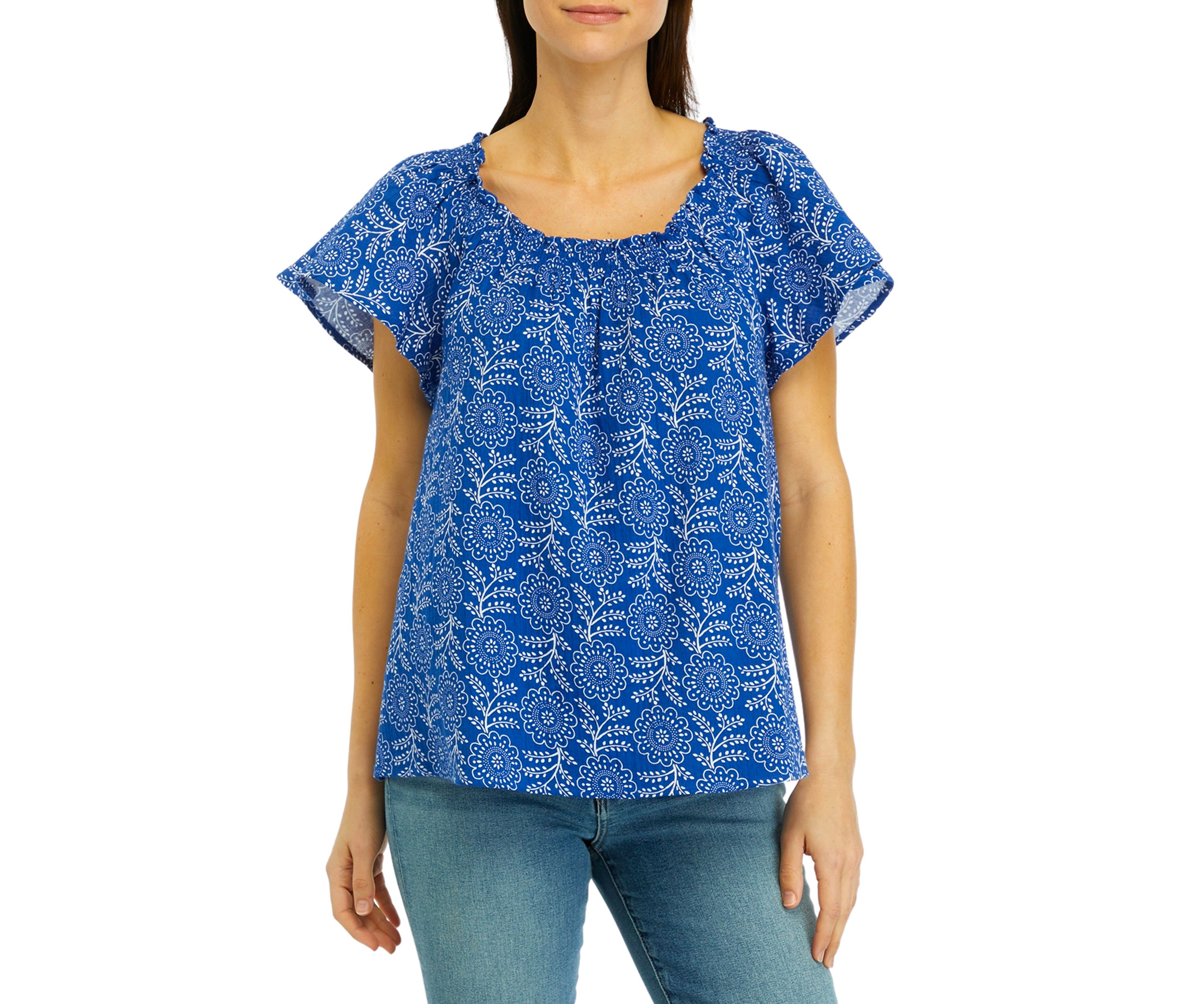Womens Short Sleeve Shirred Neck Printed Top