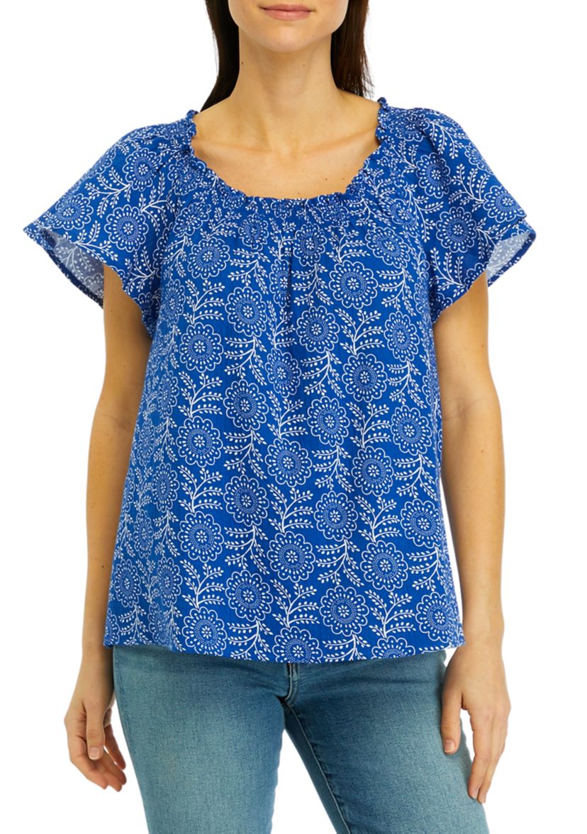 Womens Short Sleeve Shirred Neck Printed Top