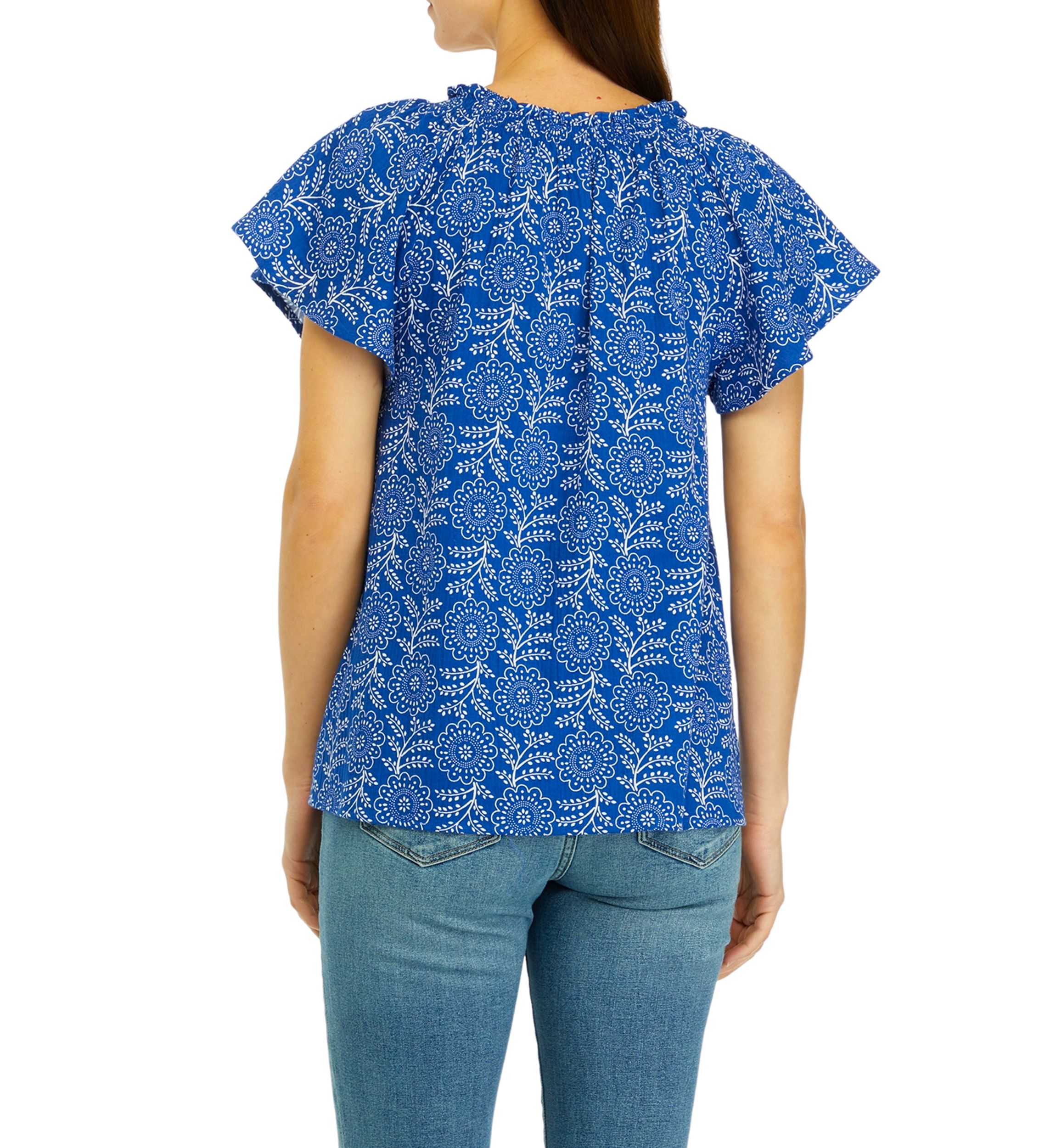 Womens Short Sleeve Shirred Neck Printed Top