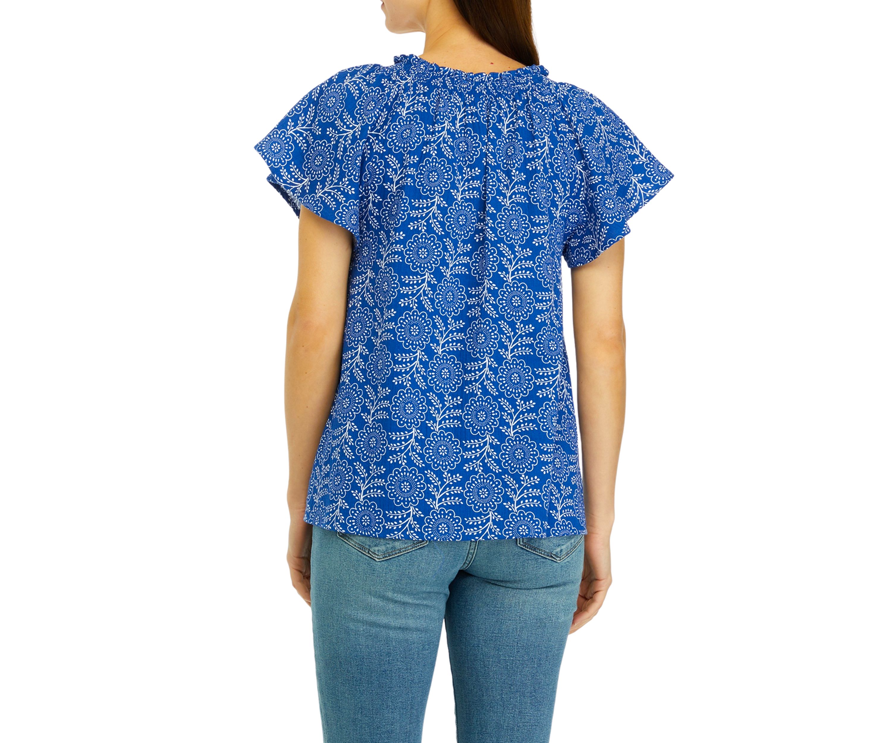Womens Short Sleeve Shirred Neck Printed Top