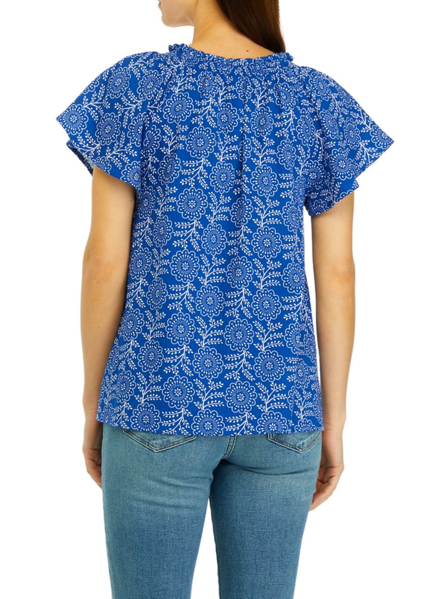 Womens Short Sleeve Shirred Neck Printed Top