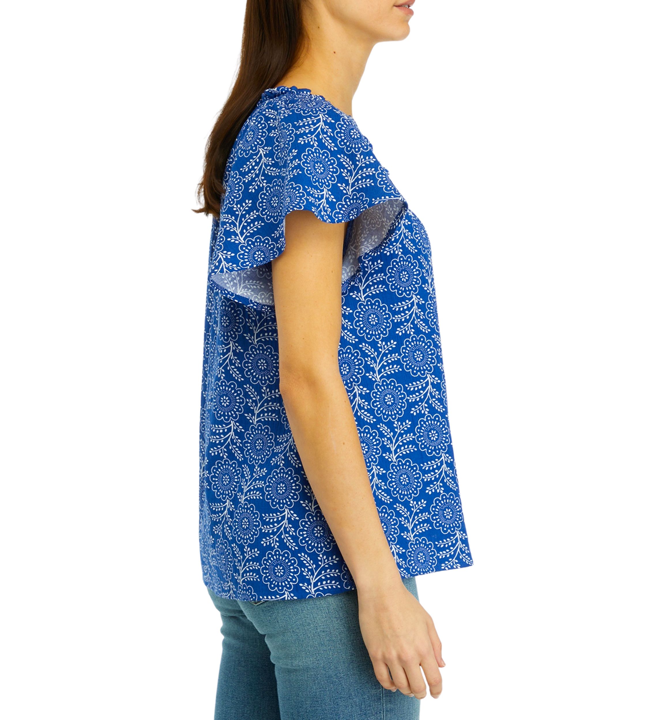 Womens Short Sleeve Shirred Neck Printed Top