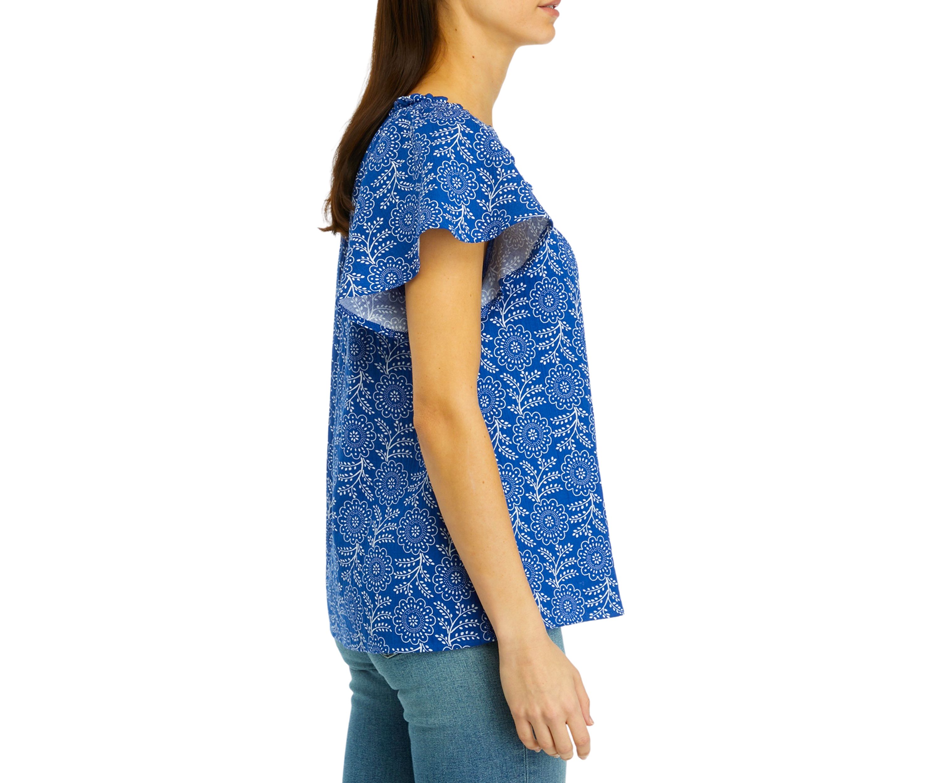 Womens Short Sleeve Shirred Neck Printed Top