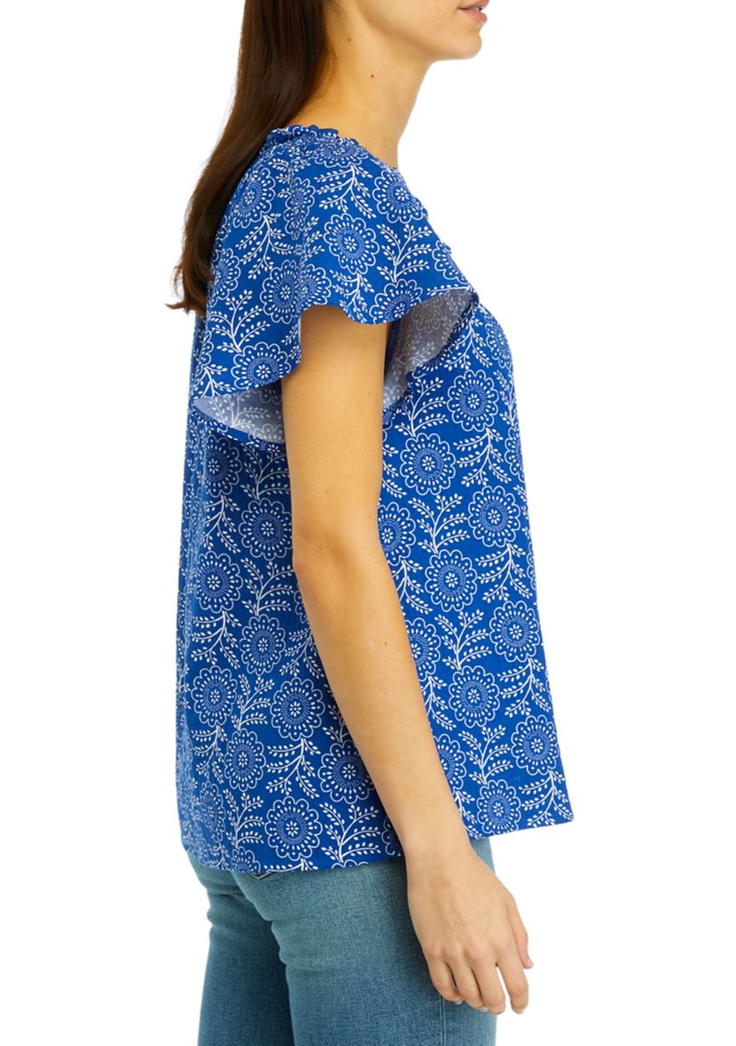Womens Short Sleeve Shirred Neck Printed Top