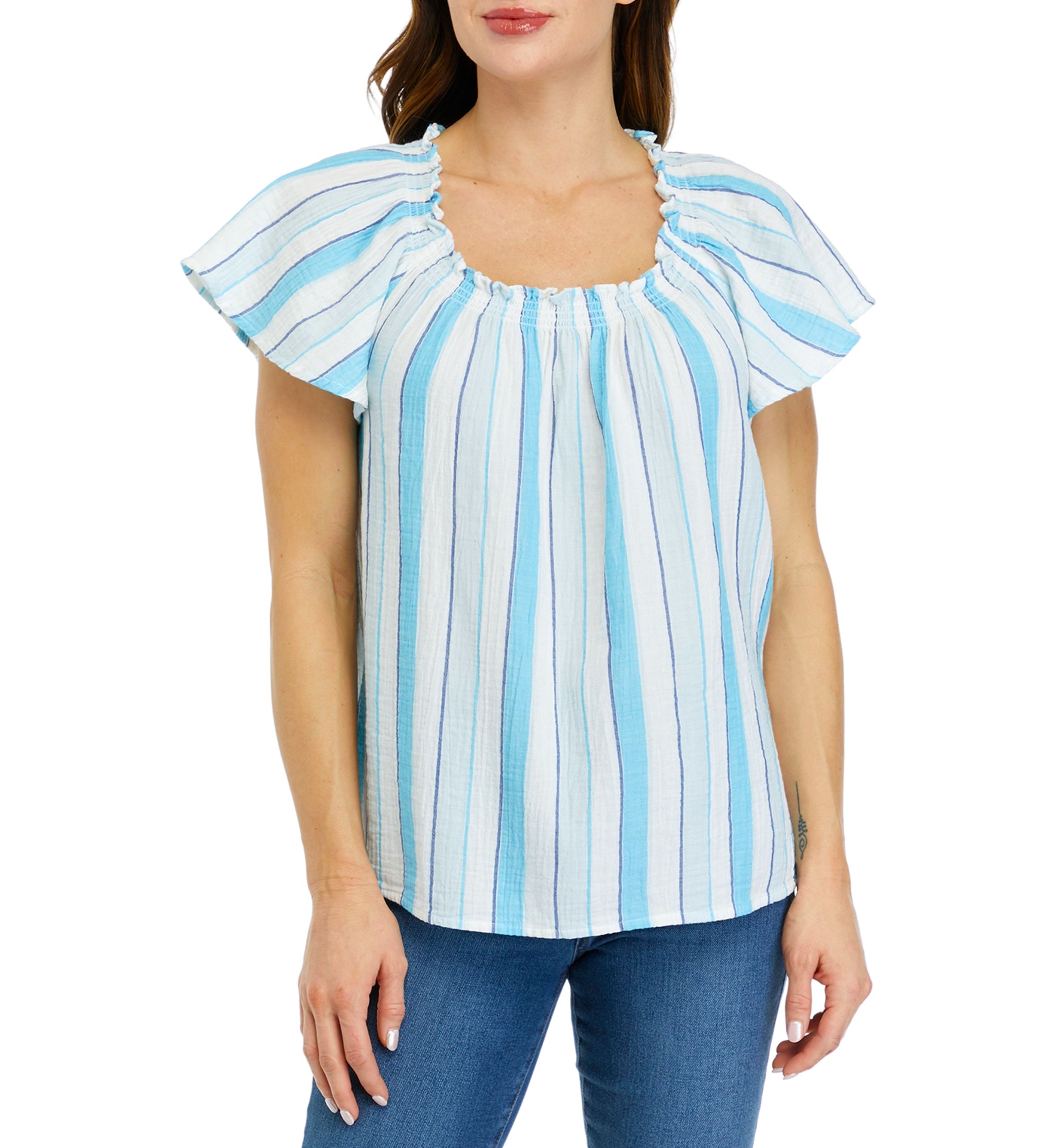 Womens Short Sleeve Shirred Neck Yarn Dyed Top
