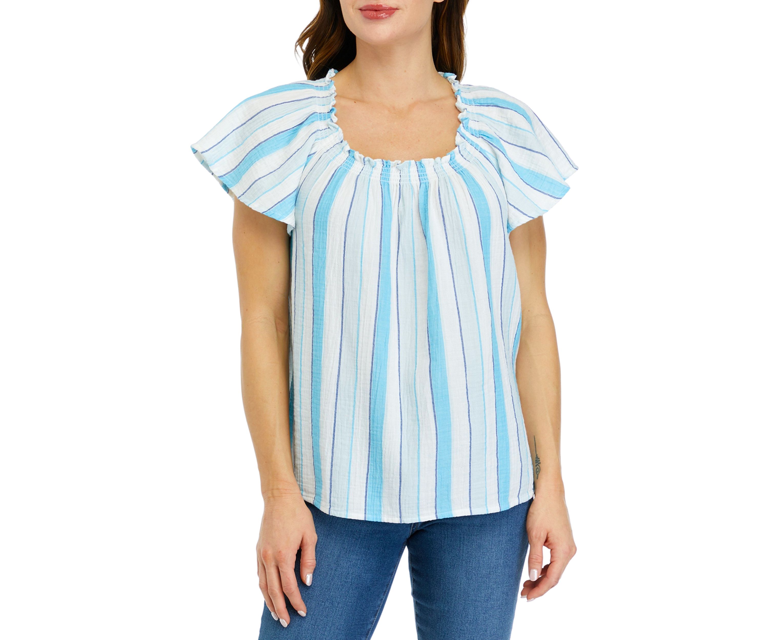 Womens Short Sleeve Shirred Neck Yarn Dyed Top