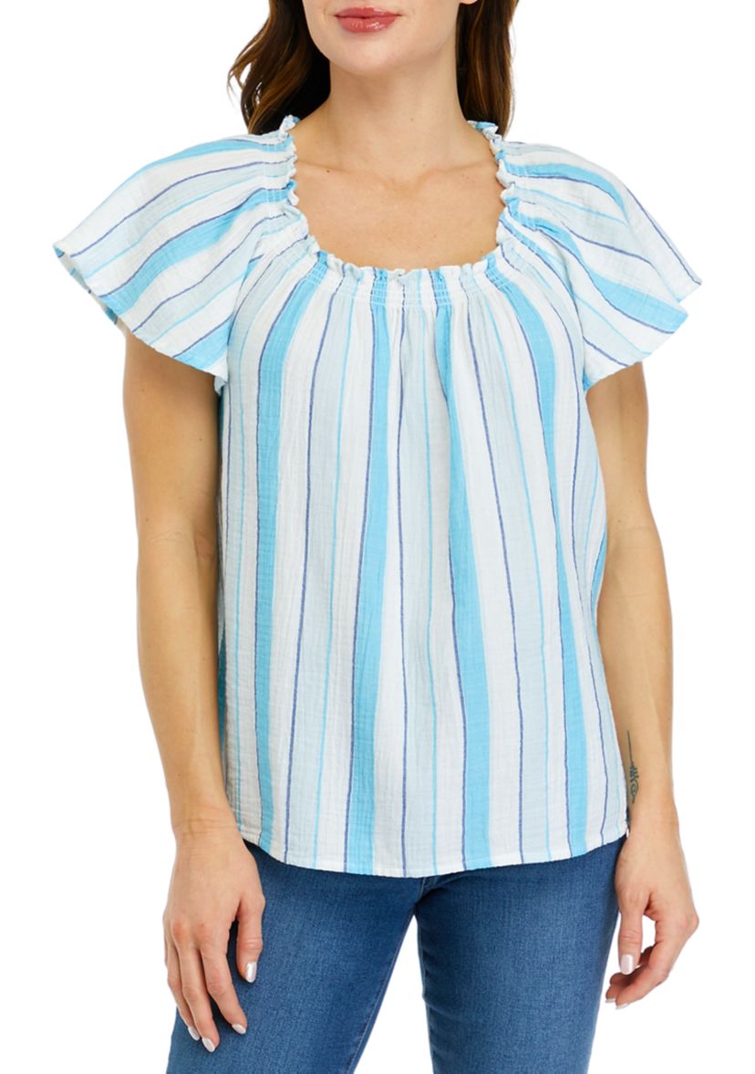 Womens Short Sleeve Shirred Neck Yarn Dyed Top