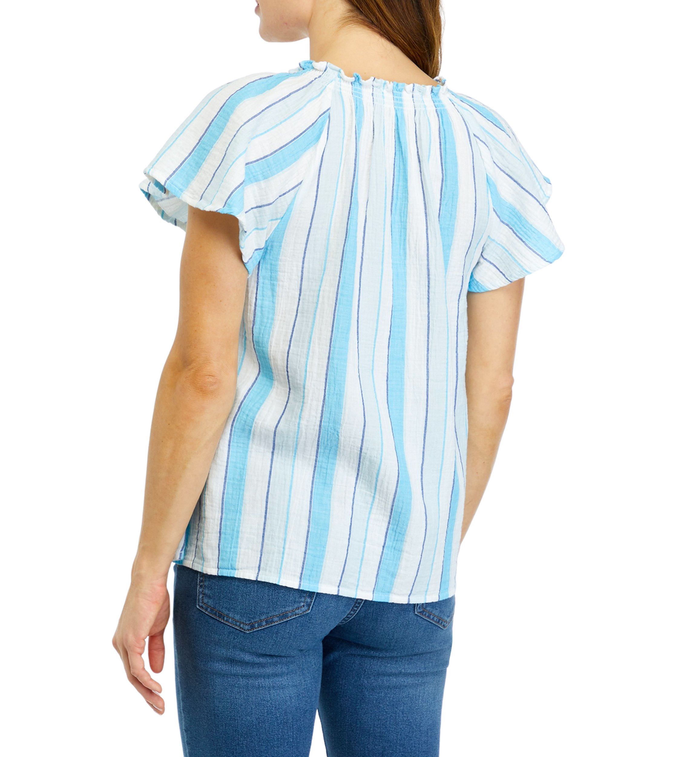 Womens Short Sleeve Shirred Neck Yarn Dyed Top