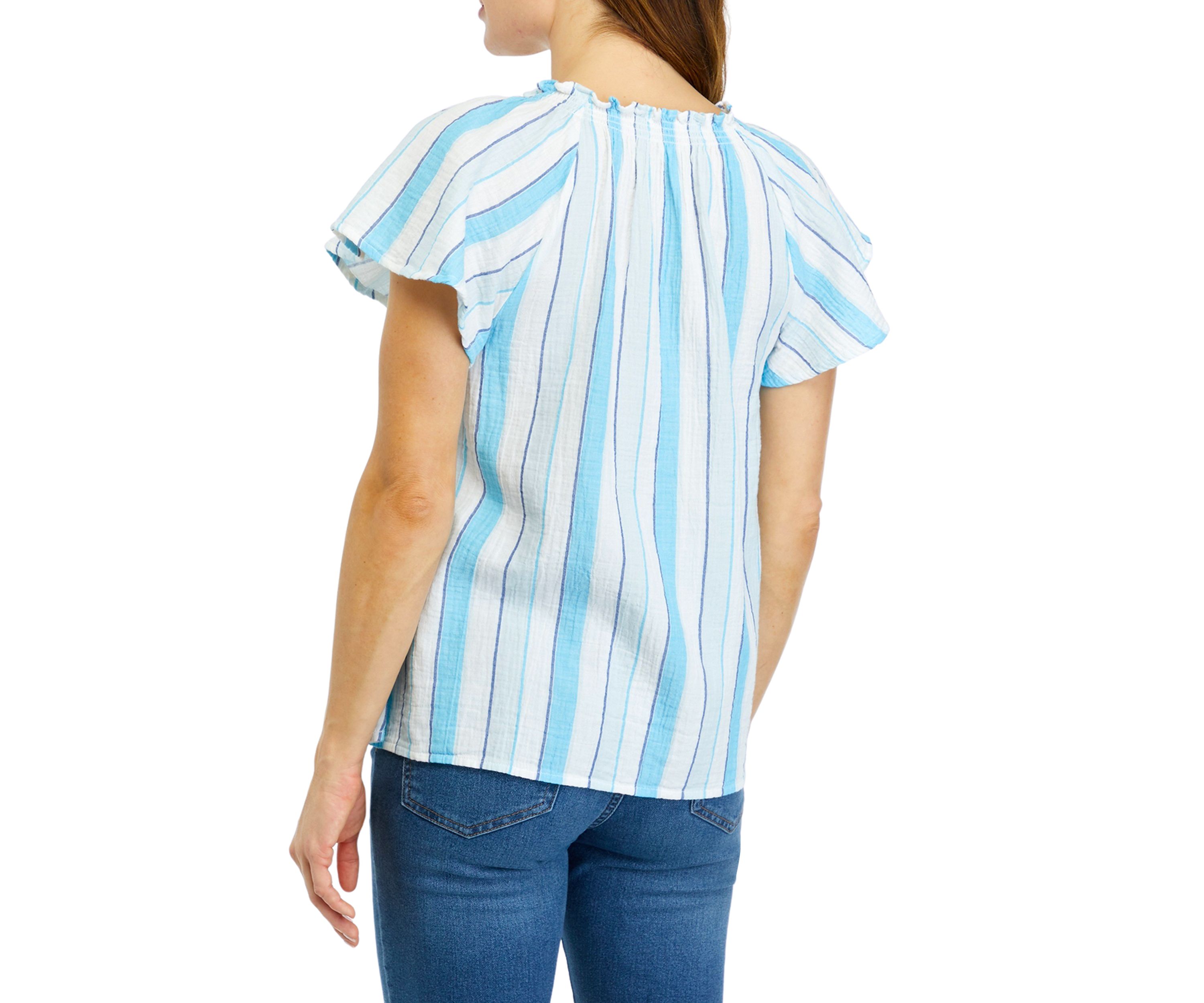 Womens Short Sleeve Shirred Neck Yarn Dyed Top