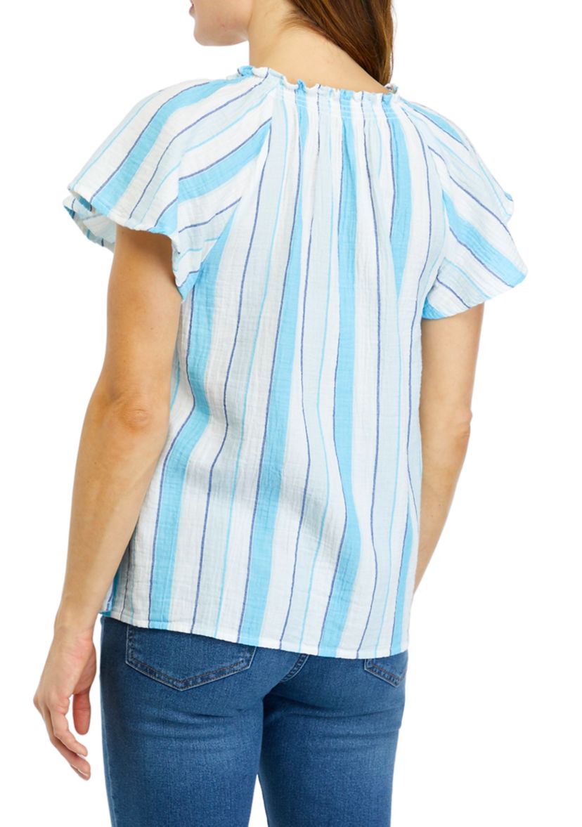 Womens Short Sleeve Shirred Neck Yarn Dyed Top