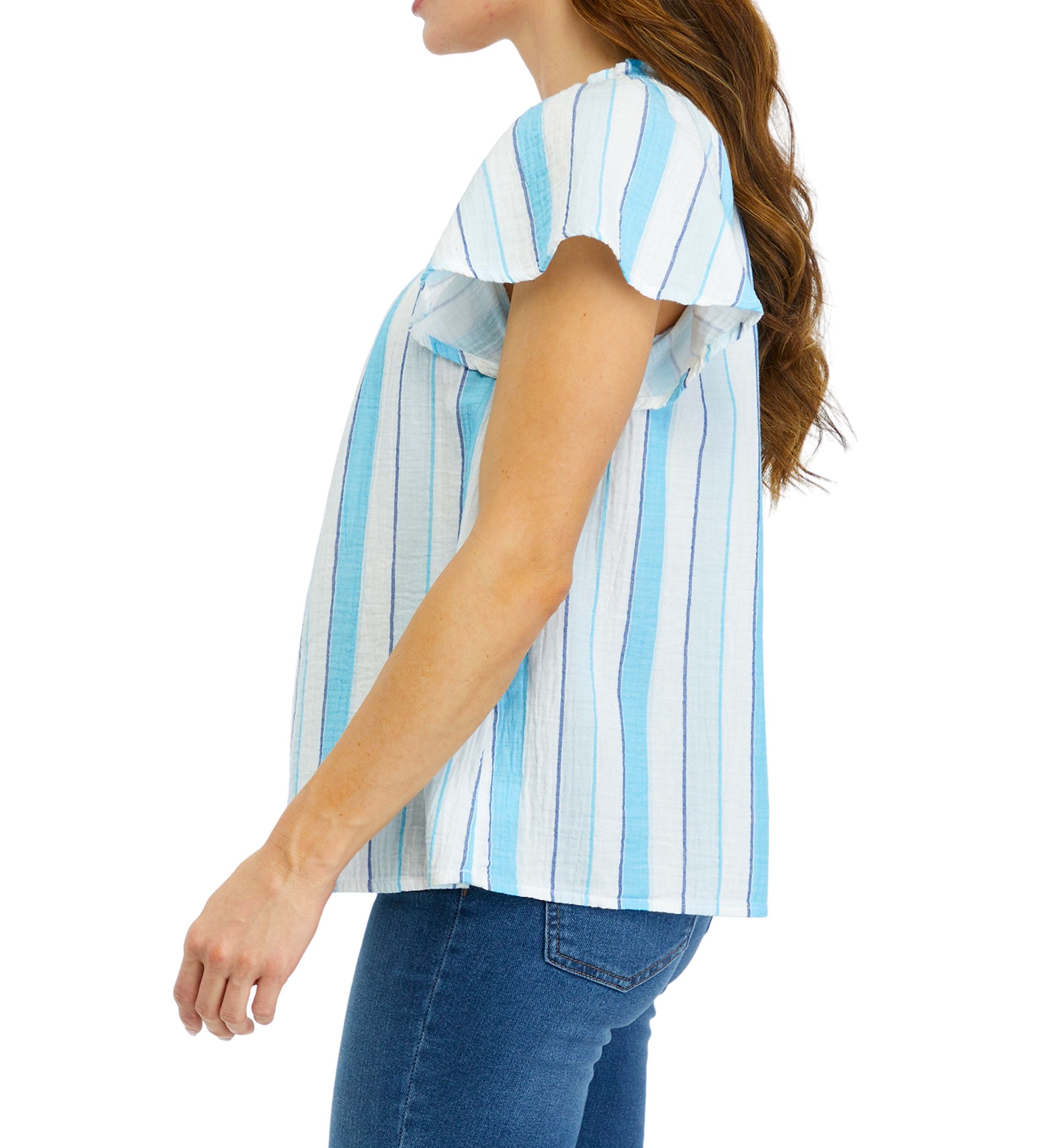 Womens Short Sleeve Shirred Neck Yarn Dyed Top