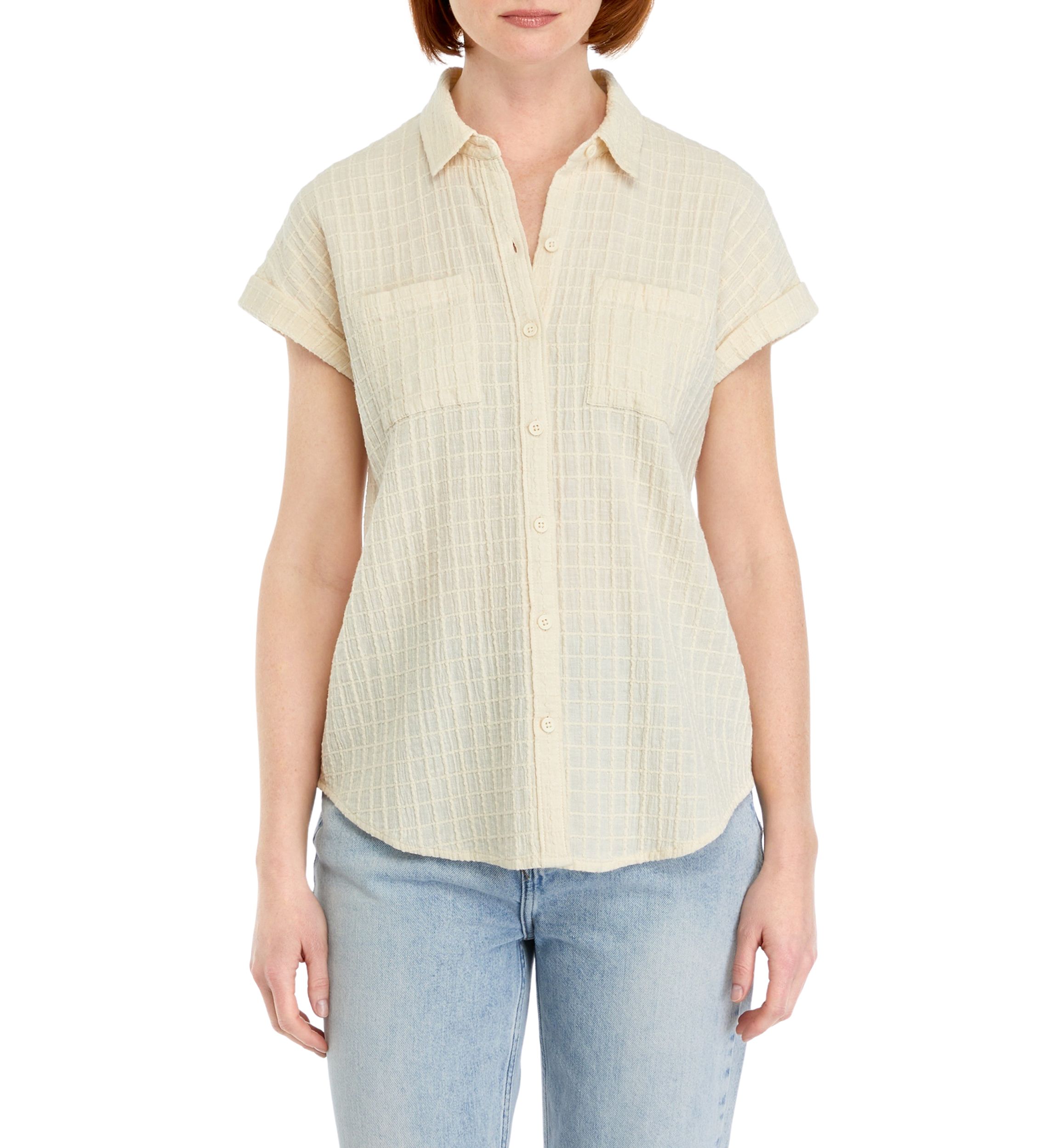 Womens Windowpane Printed Camp Top
