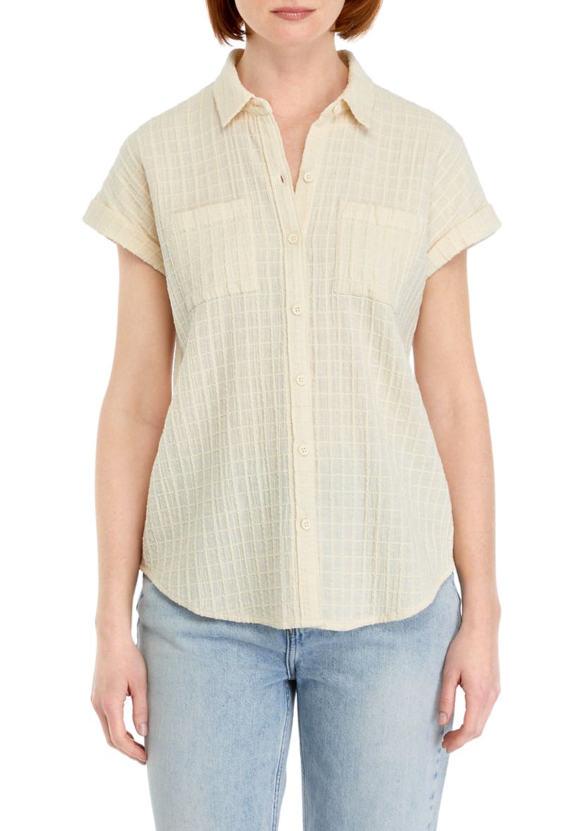 Womens Windowpane Printed Camp Top