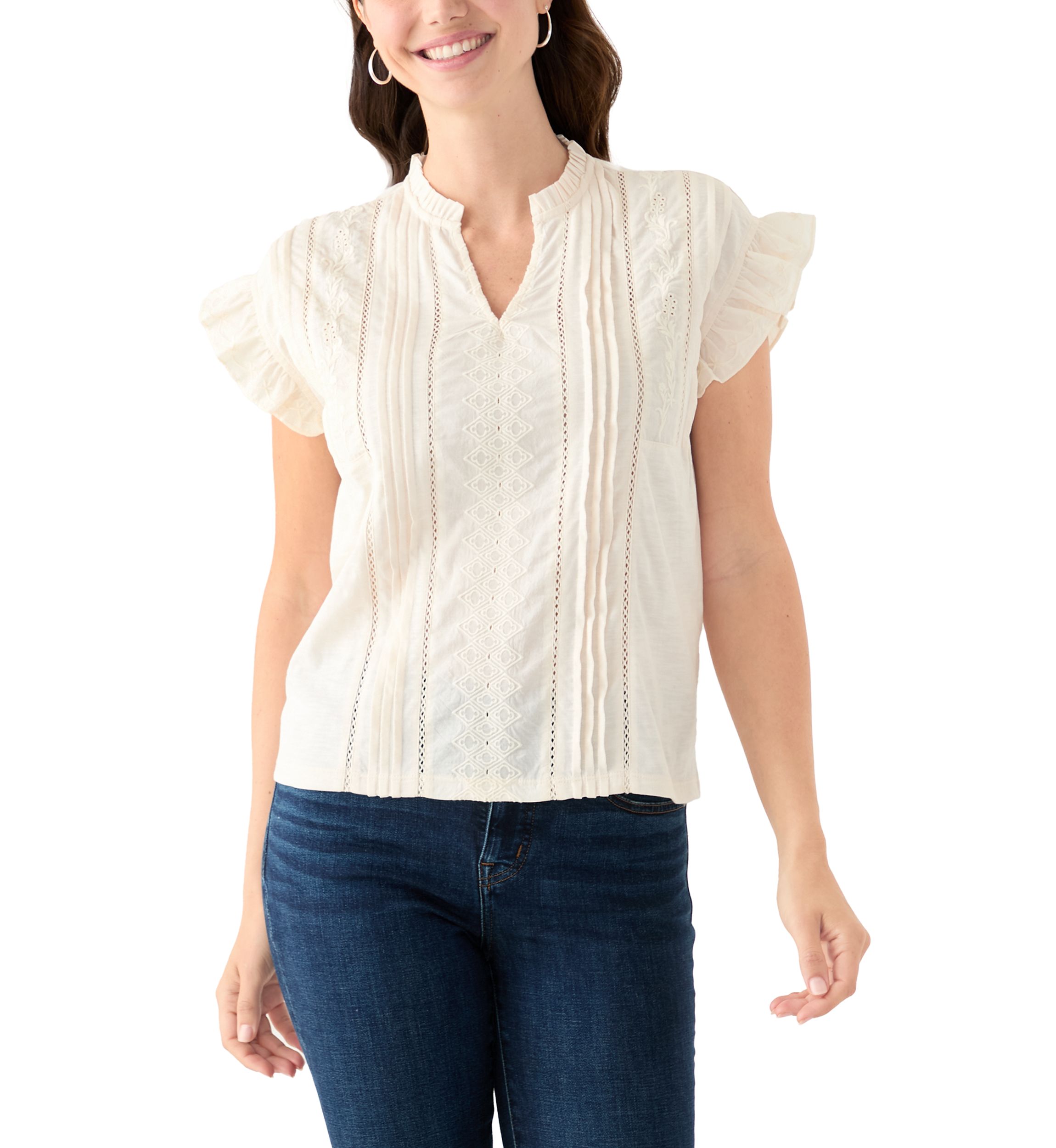 Womens Short Sleeve Embroidered Pintuck Blouse