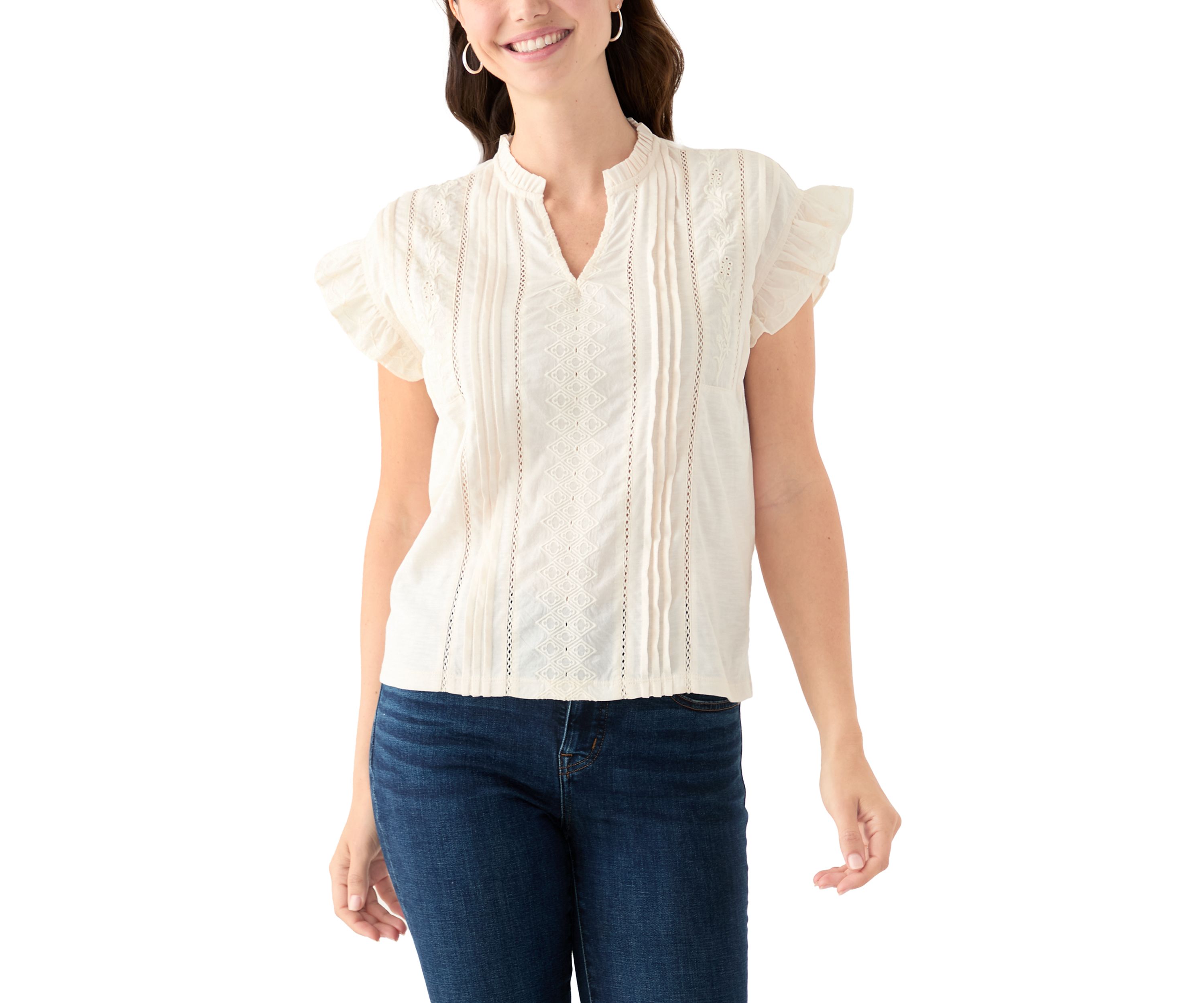 Womens Short Sleeve Embroidered Pintuck Blouse
