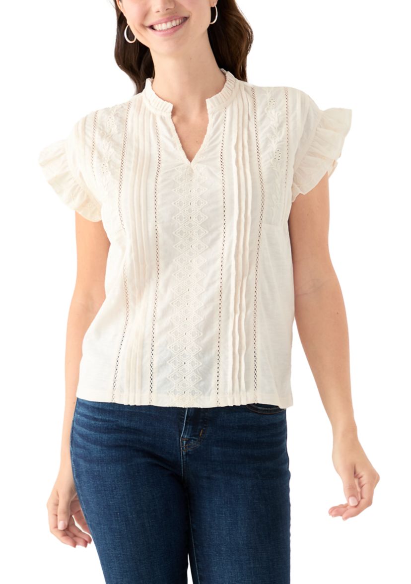 Womens Short Sleeve Embroidered Pintuck Blouse