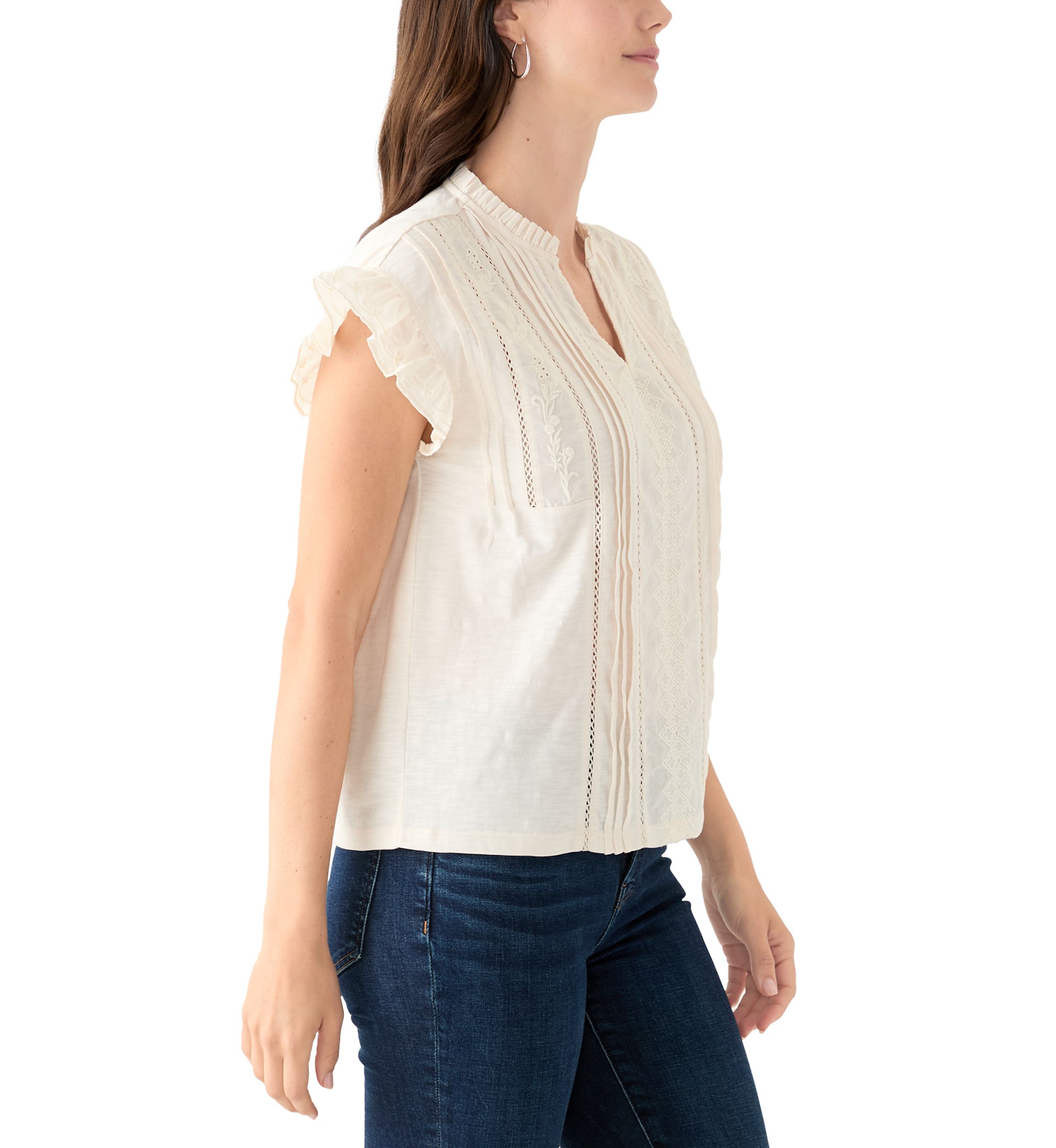 Womens Short Sleeve Embroidered Pintuck Blouse
