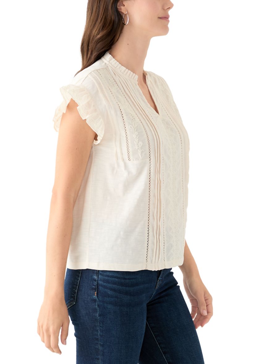Womens Short Sleeve Embroidered Pintuck Blouse