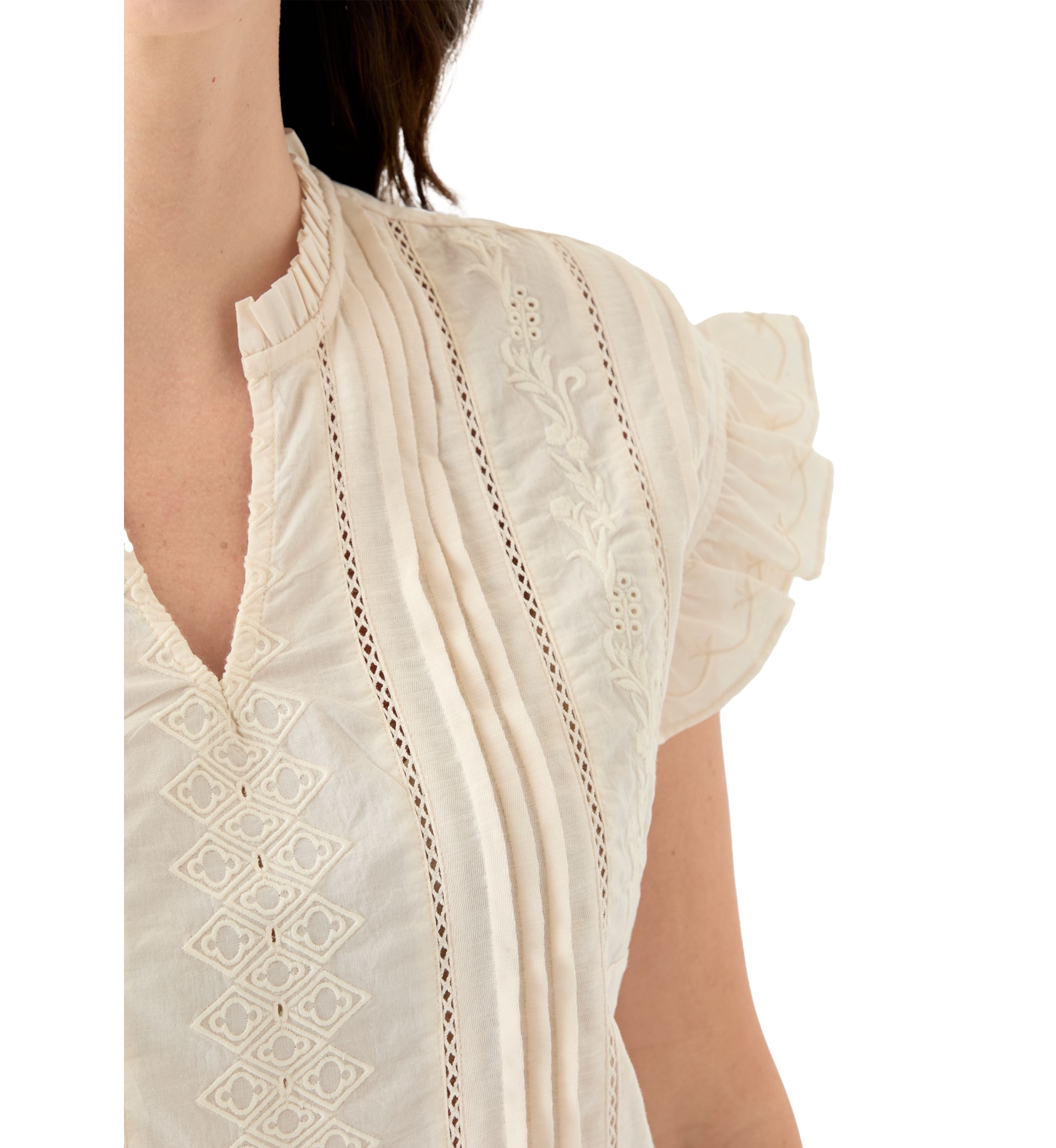 Womens Short Sleeve Embroidered Pintuck Blouse