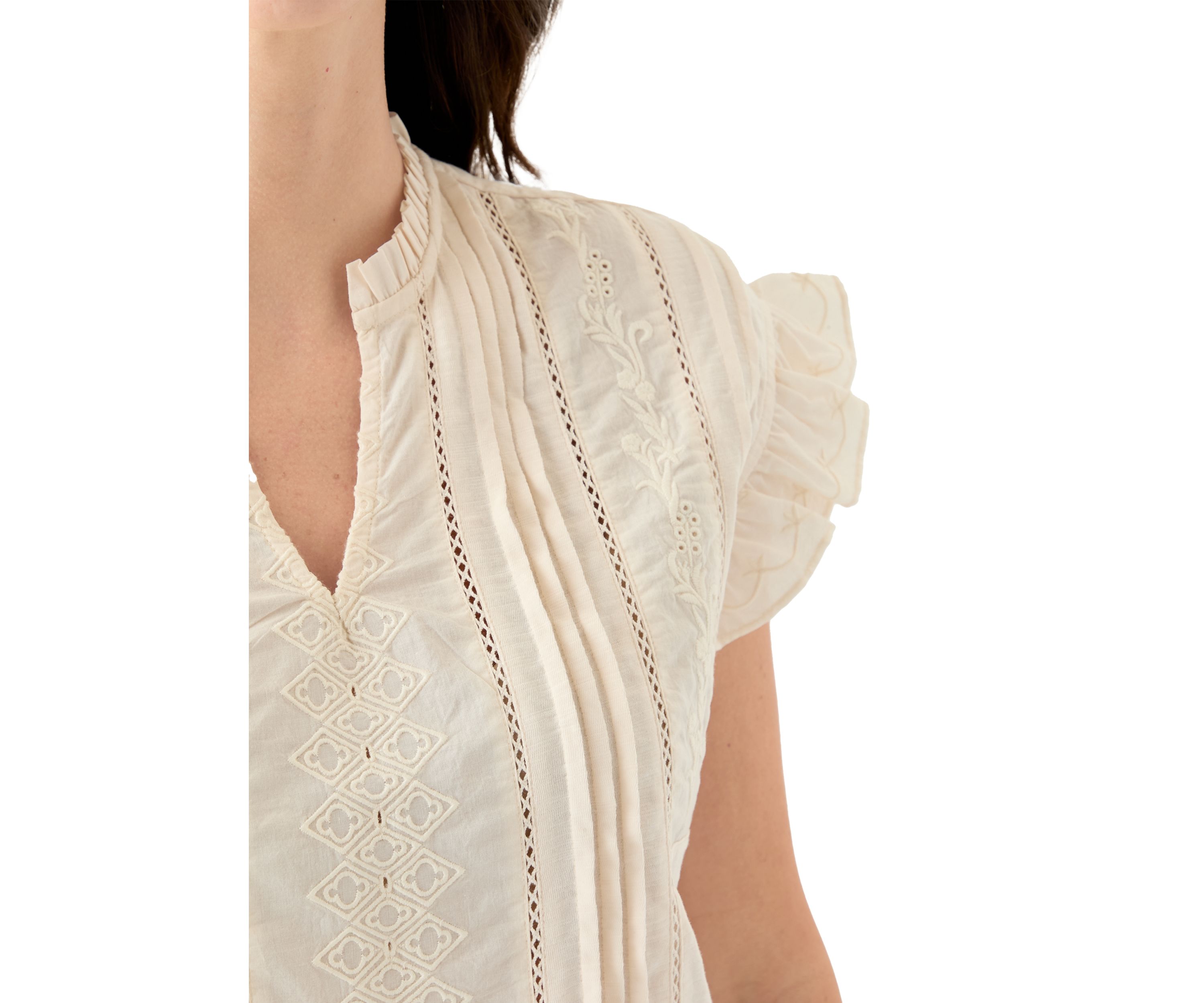 Womens Short Sleeve Embroidered Pintuck Blouse