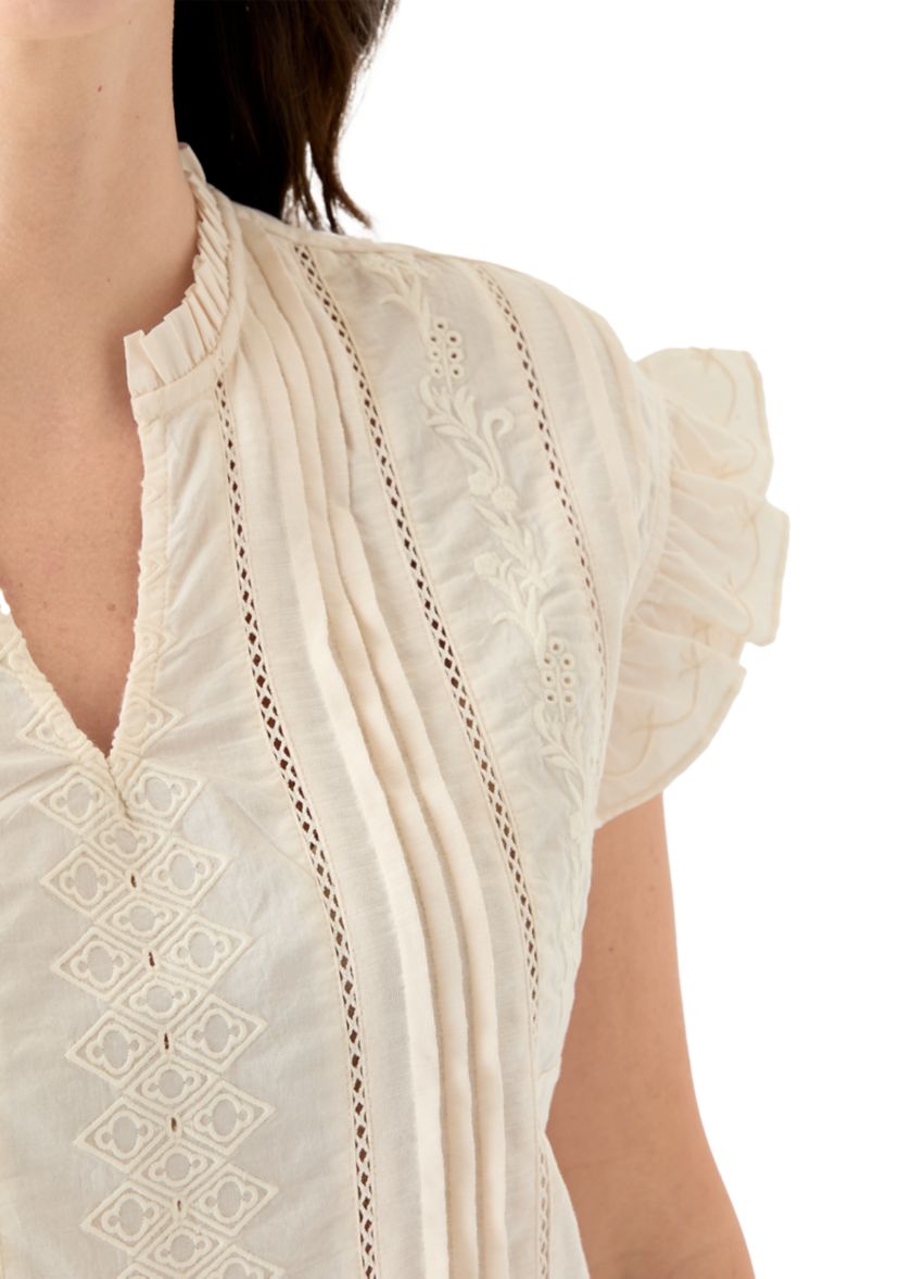 Womens Short Sleeve Embroidered Pintuck Blouse