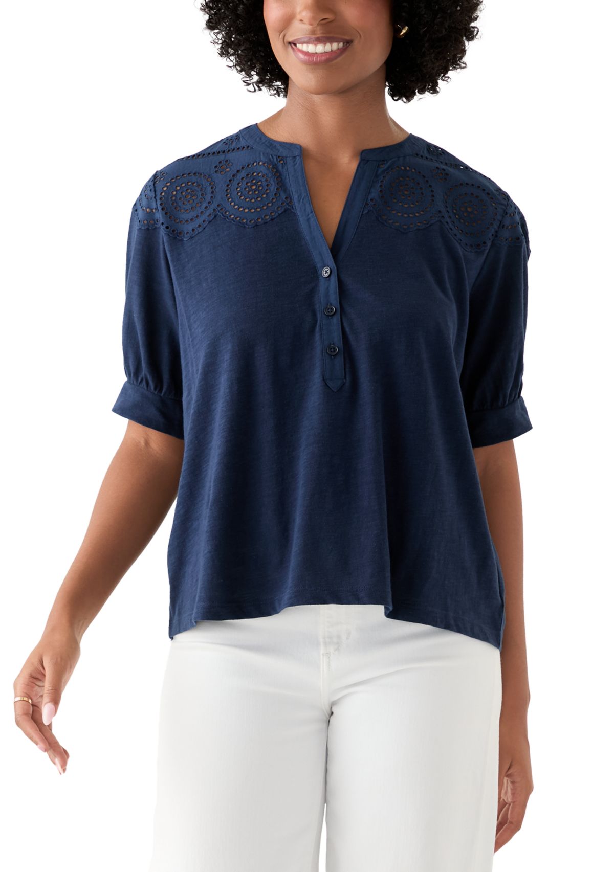 Womens Schiffley Mix Henley Top 