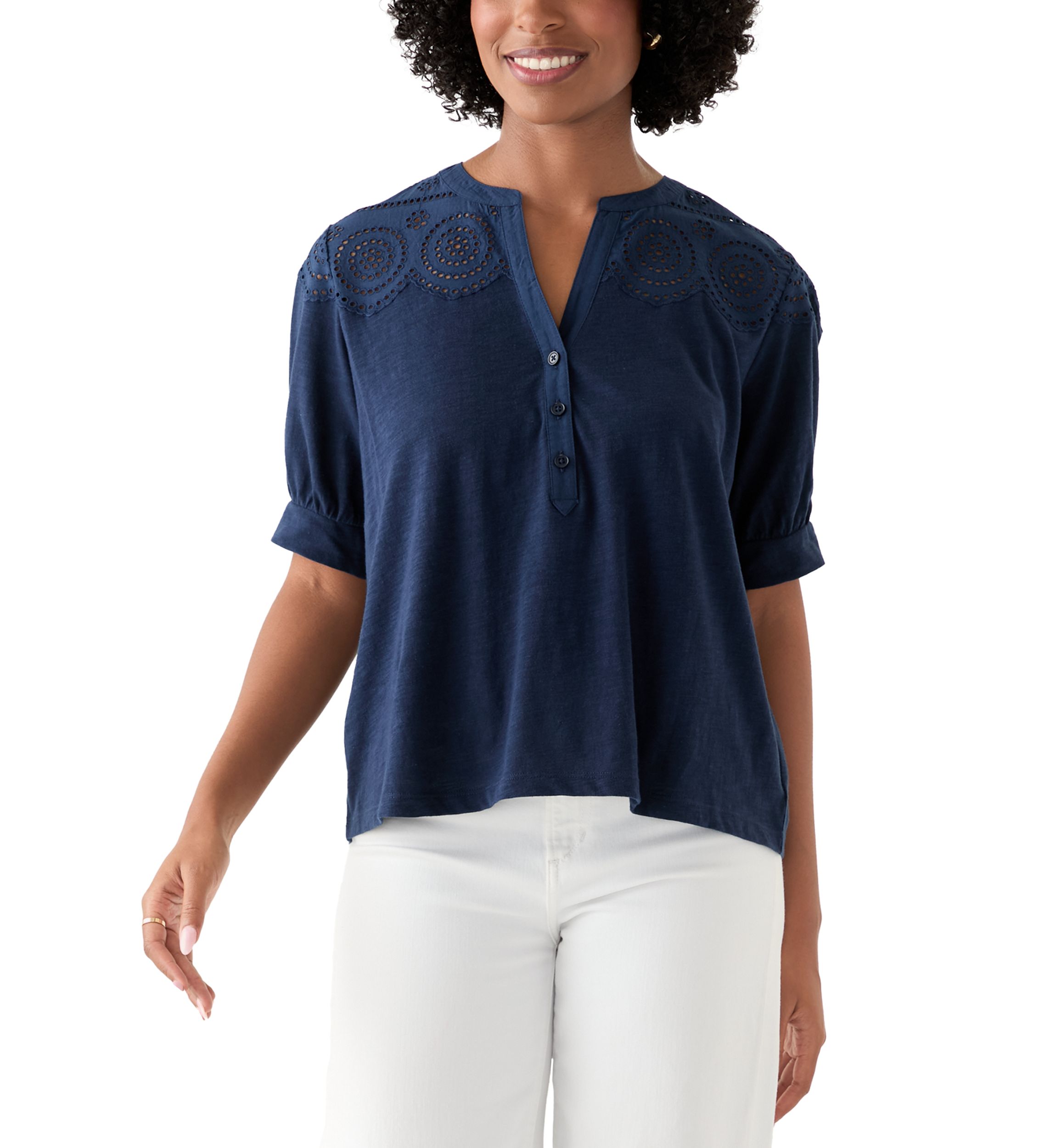 Womens Schiffley Mix Henley Top 