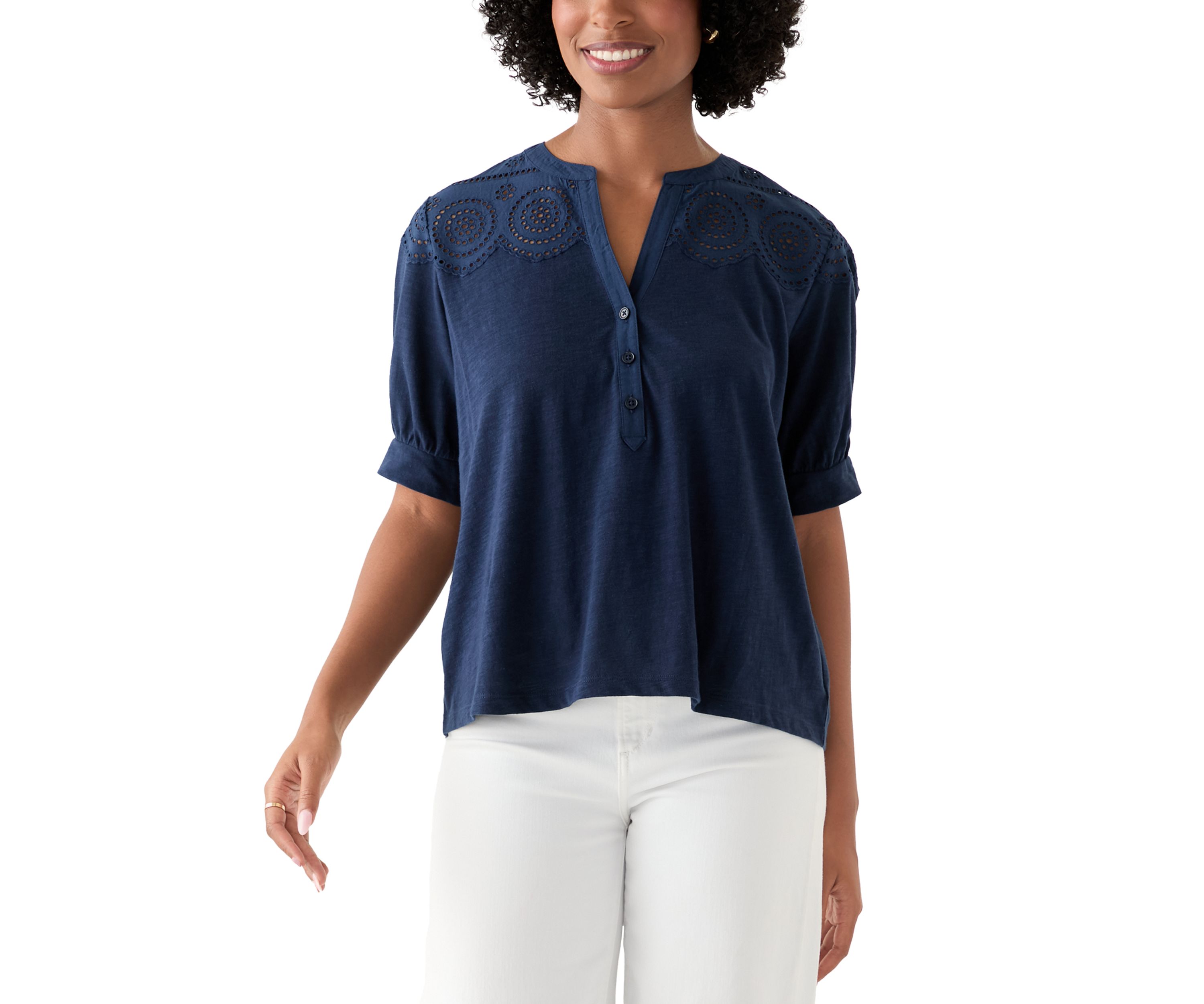 Womens Schiffley Mix Henley Top 