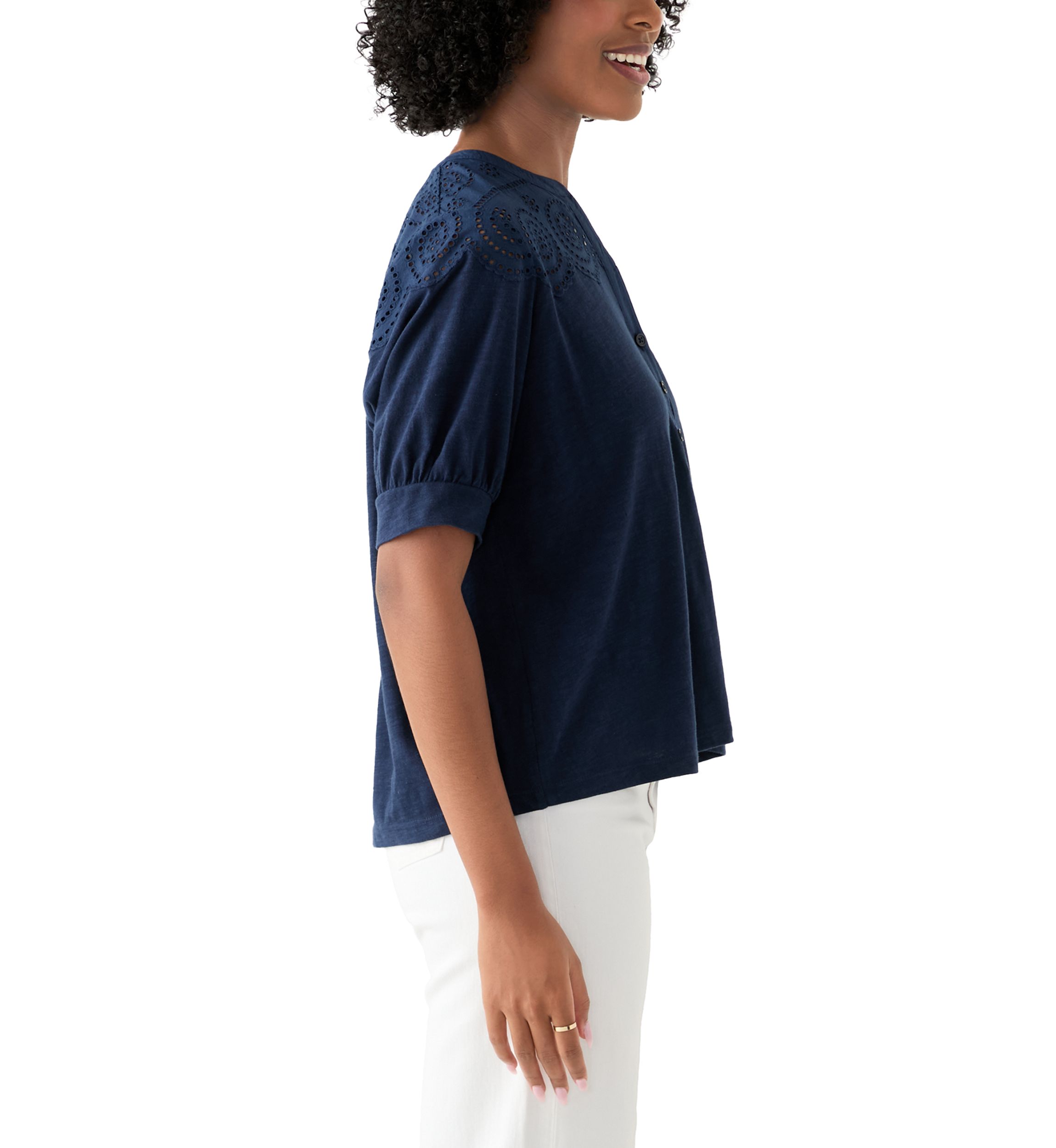 Womens Schiffley Mix Henley Top 