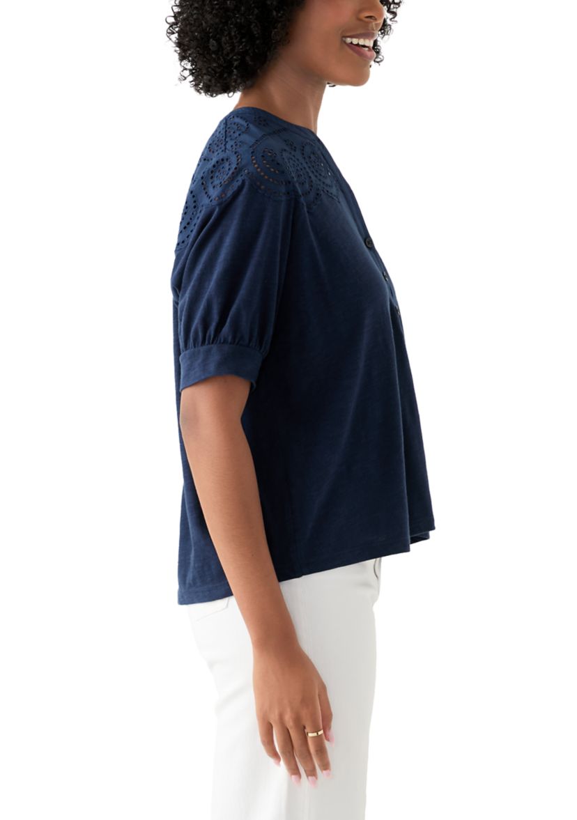 Womens Schiffley Mix Henley Top 