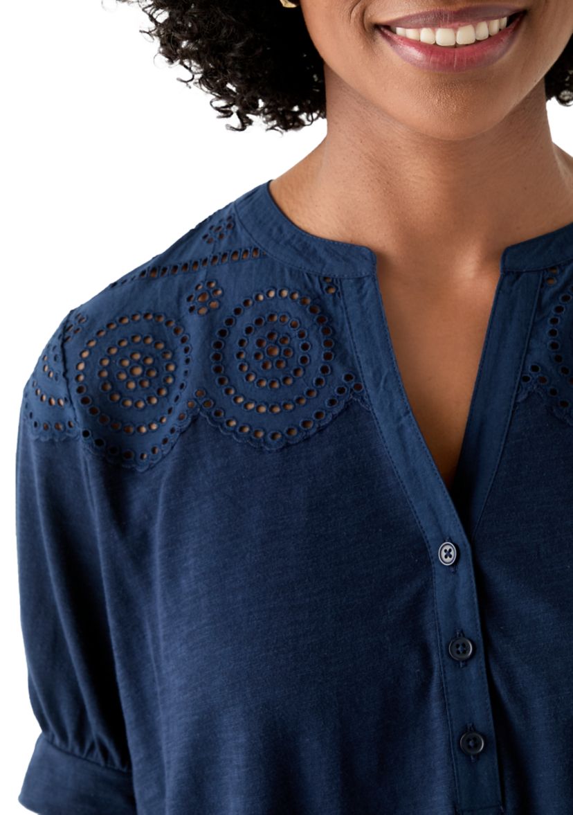 Womens Schiffley Mix Henley Top 