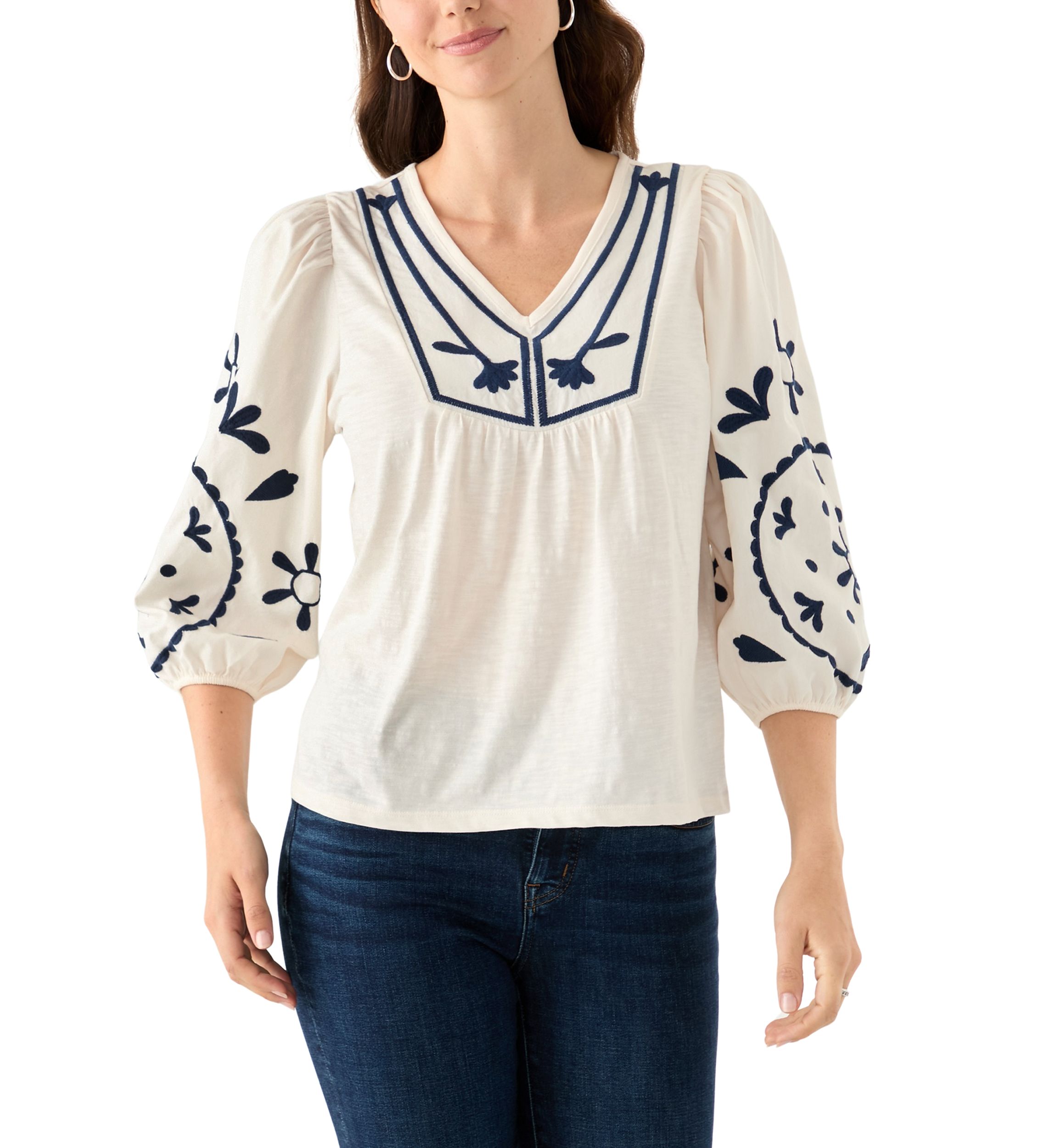 Womens 3/4 Sleeve Embroidered Knit Woven Top