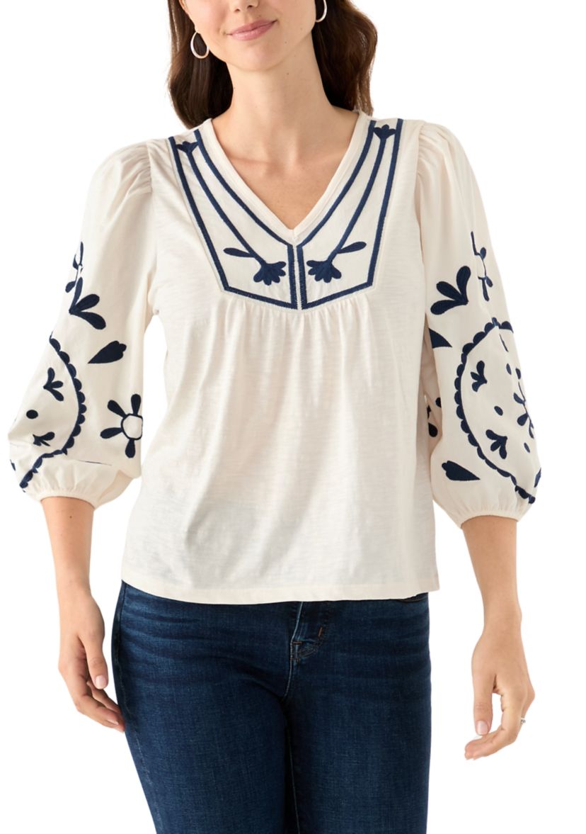 Womens 3/4 Sleeve Embroidered Knit Woven Top