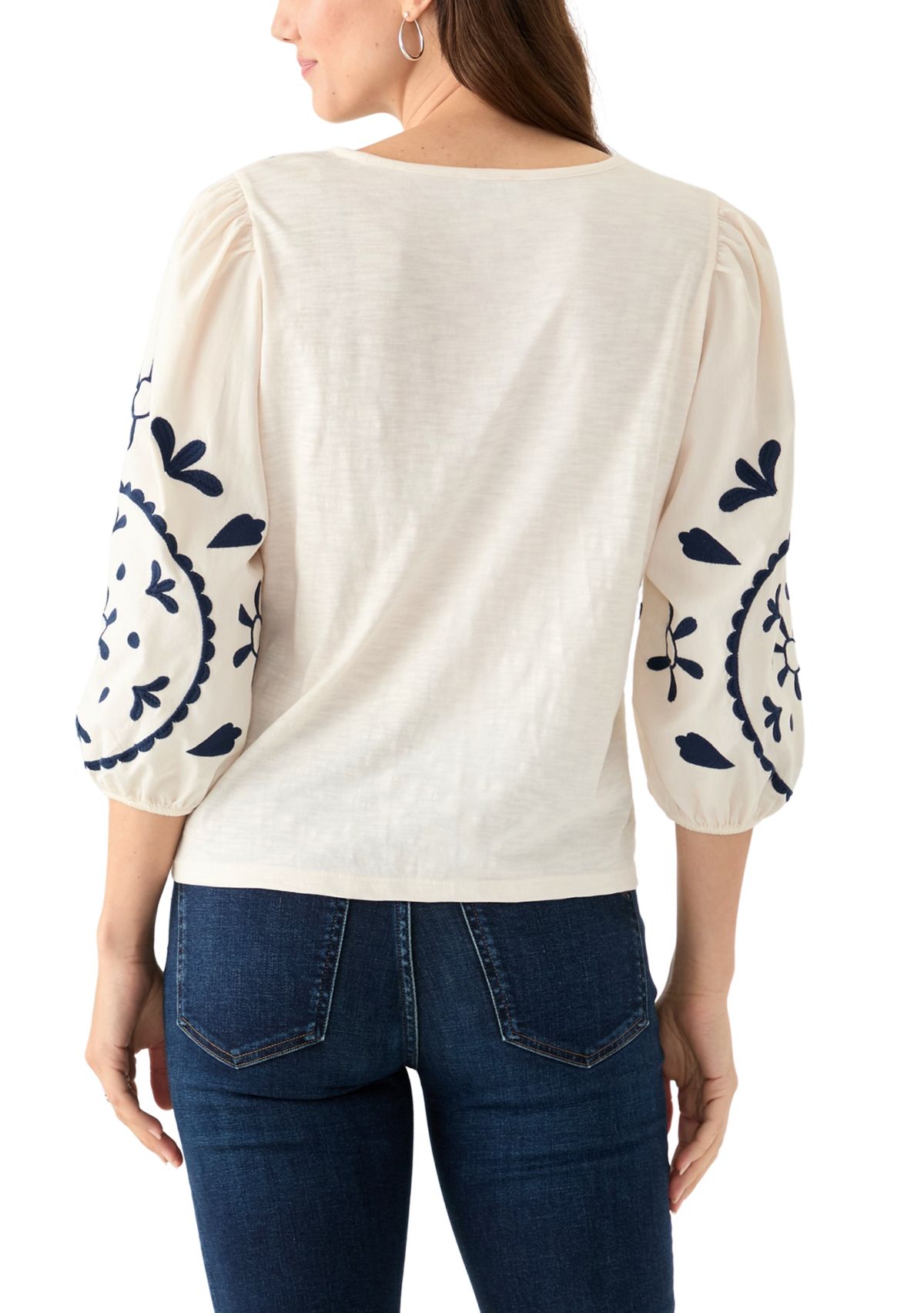 Womens 3/4 Sleeve Embroidered Knit Woven Top